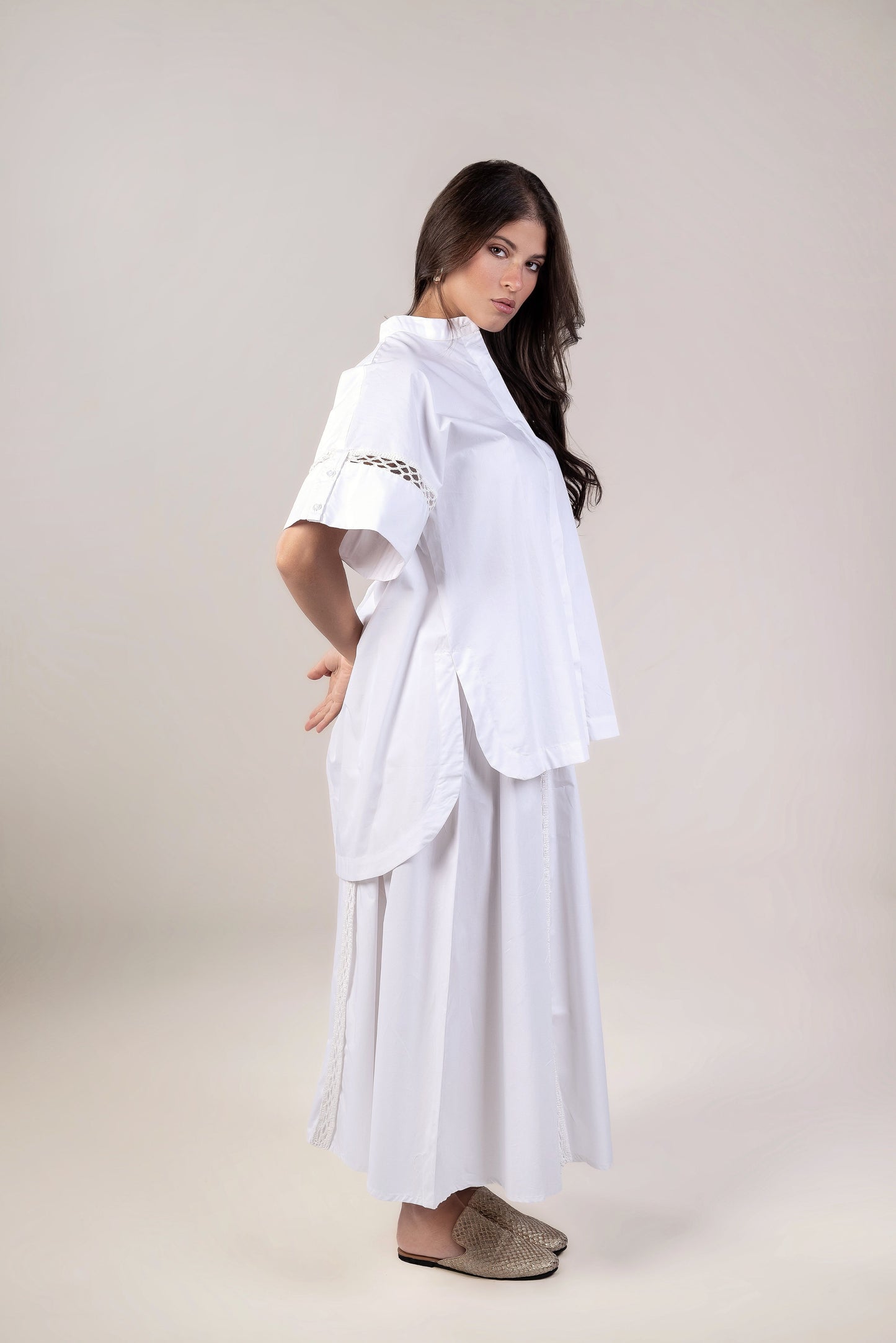 White Crochet Half Sleeve Shirt