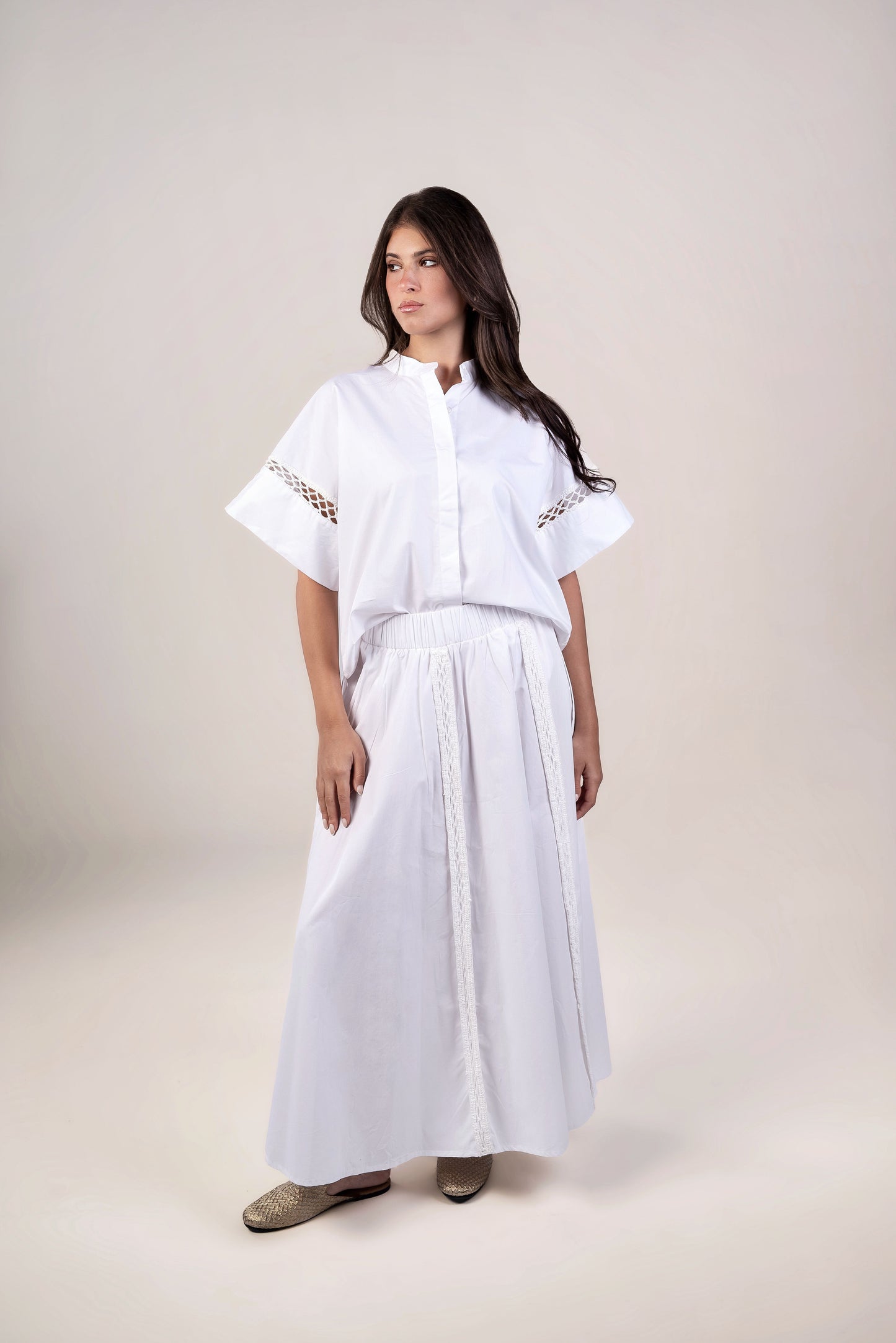 Long Flare White Skirt - Crochet Trimmings