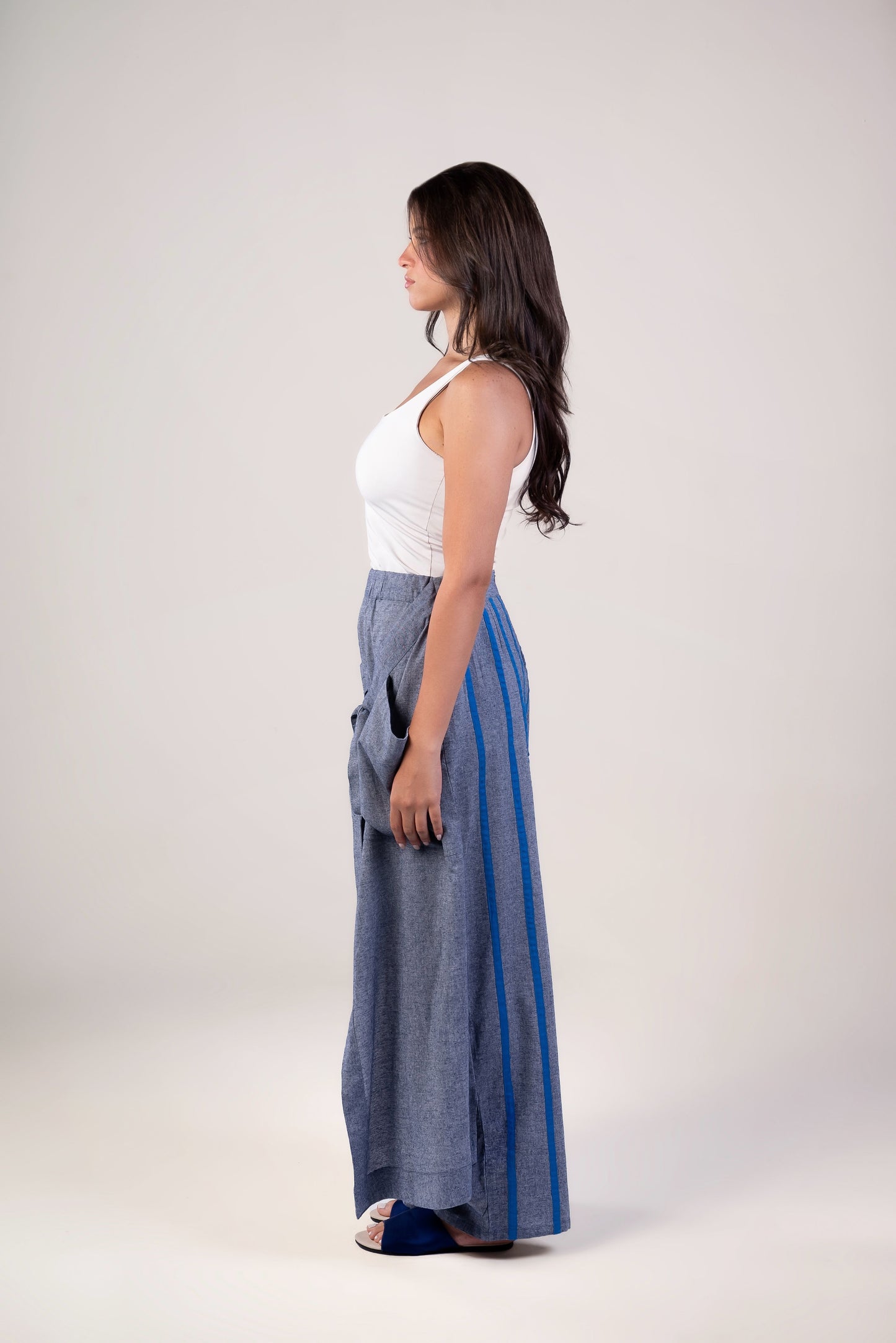 Wide Leg - Tie Front Blue Pants