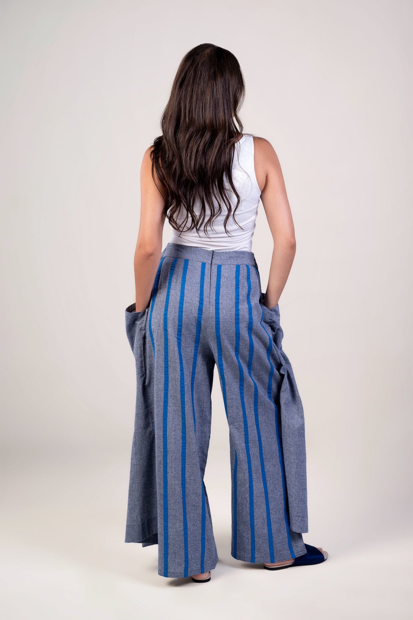 Wide Leg - Tie Front Blue Pants