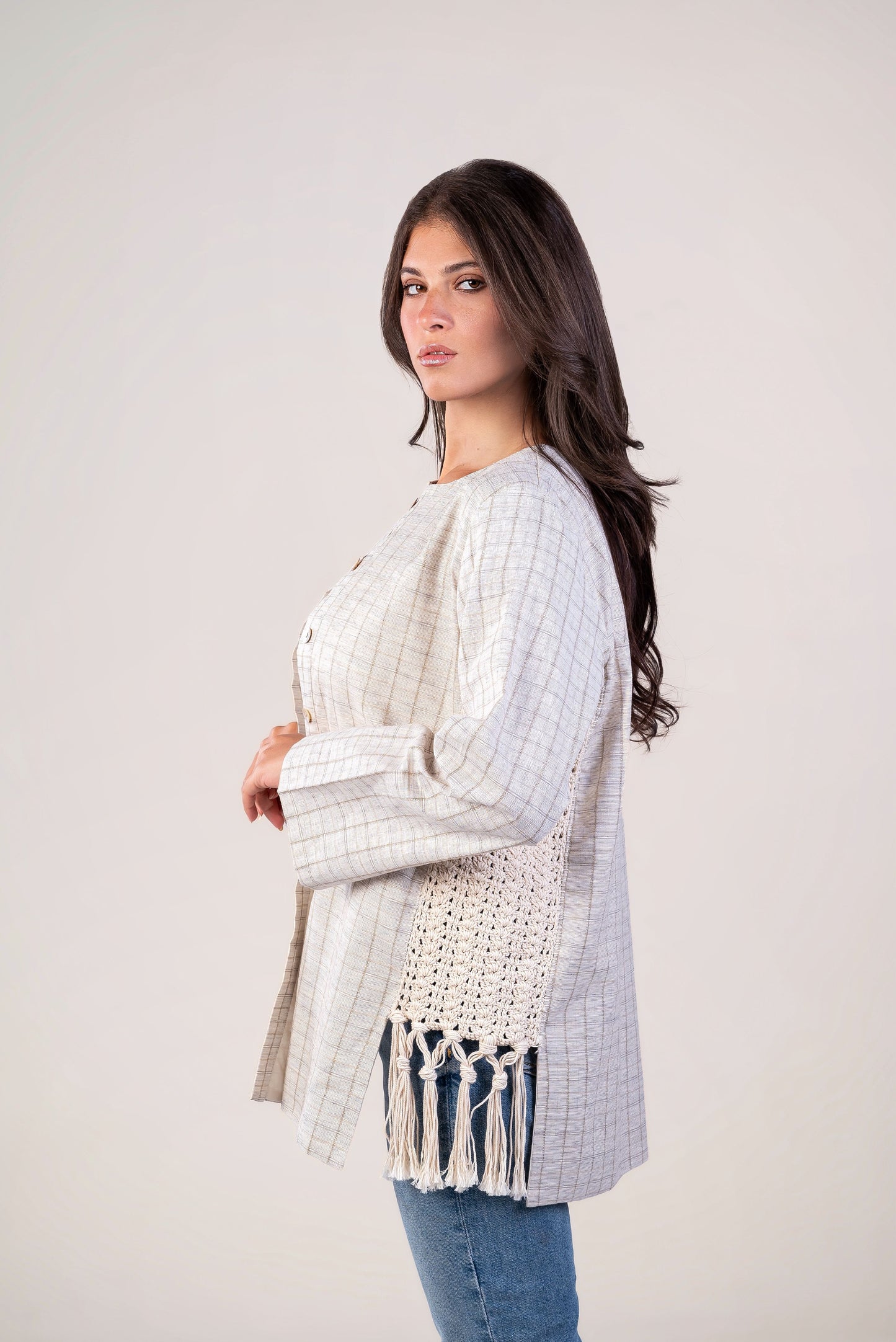 Checkered Beige Shirt - Crochet Trimmings
