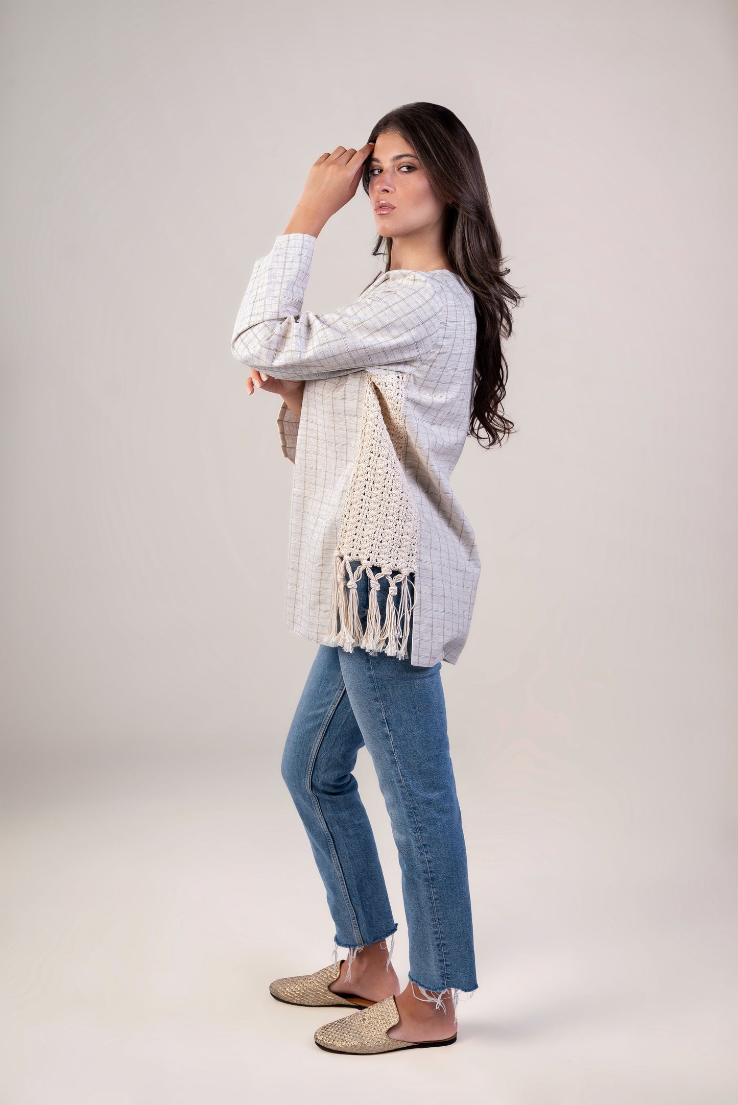 Checkered Beige Shirt - Crochet Trimmings