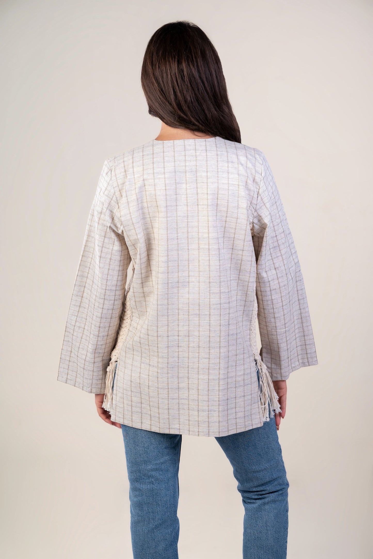 Checkered Beige Shirt - Crochet Trimmings