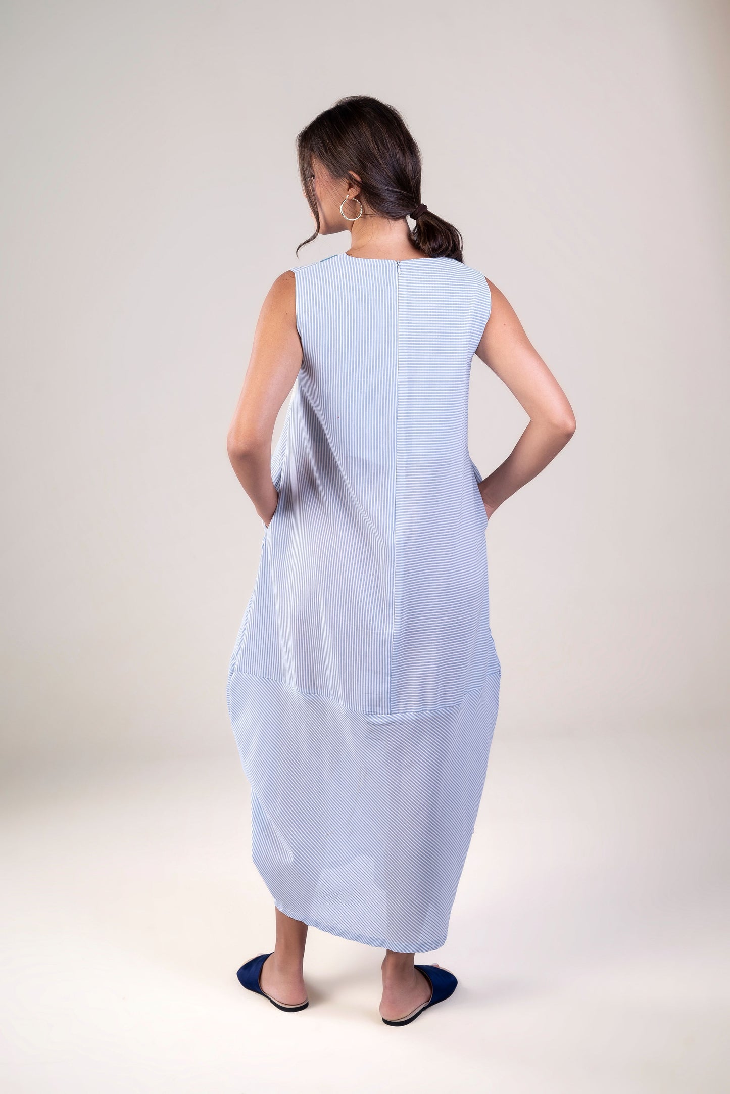 Palm Embroidered Sailor Blue Stripped Dress