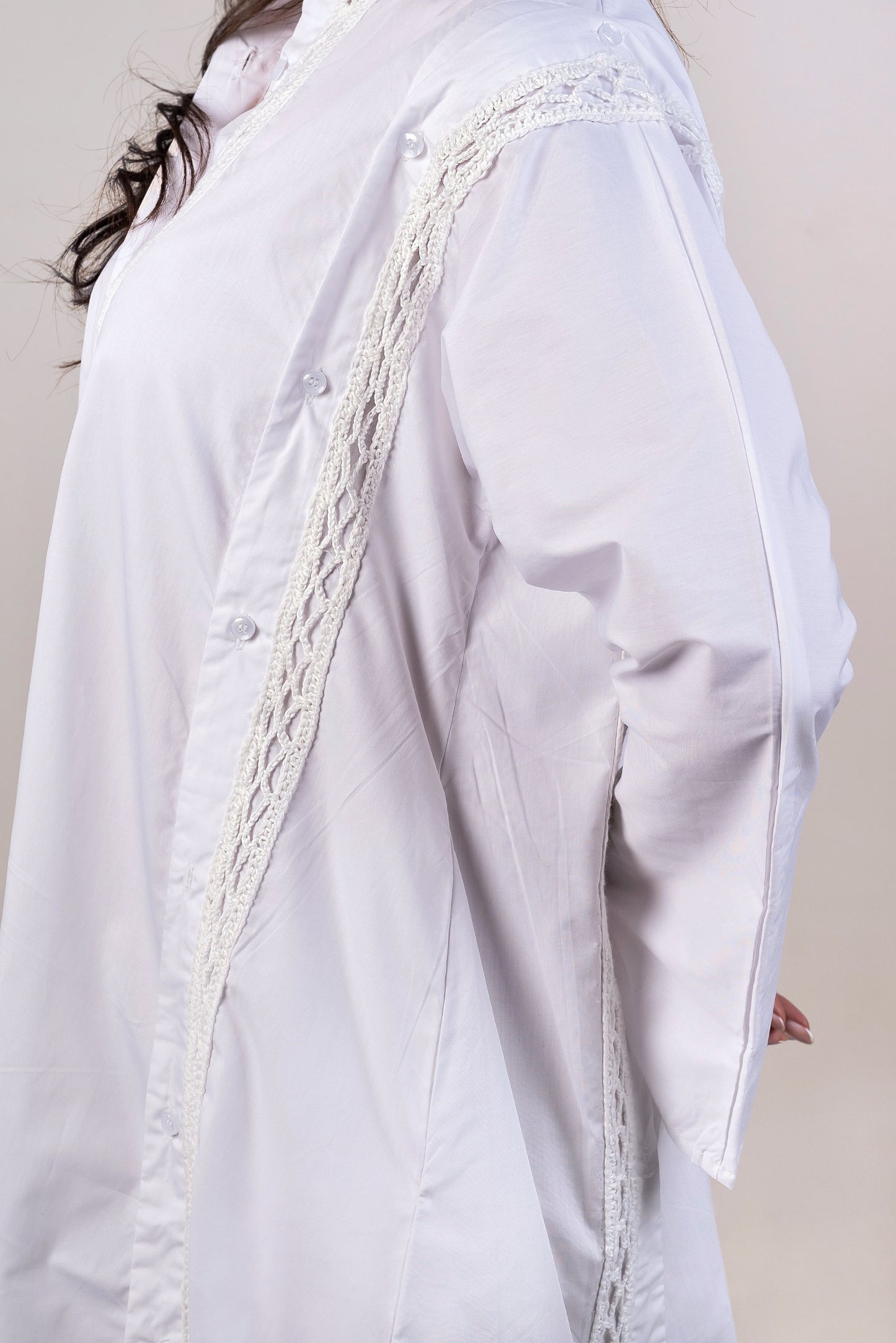 Cut Out White Shirt Dress - Crochet Trimmings