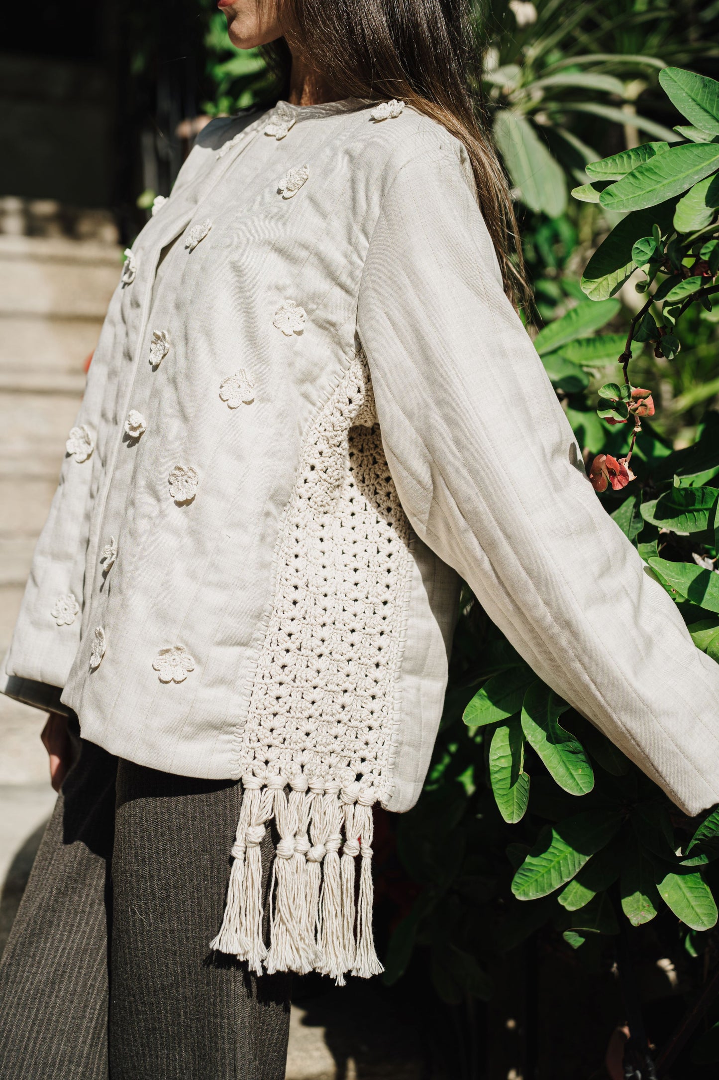 Beige Padded Crochet Flower Jacket