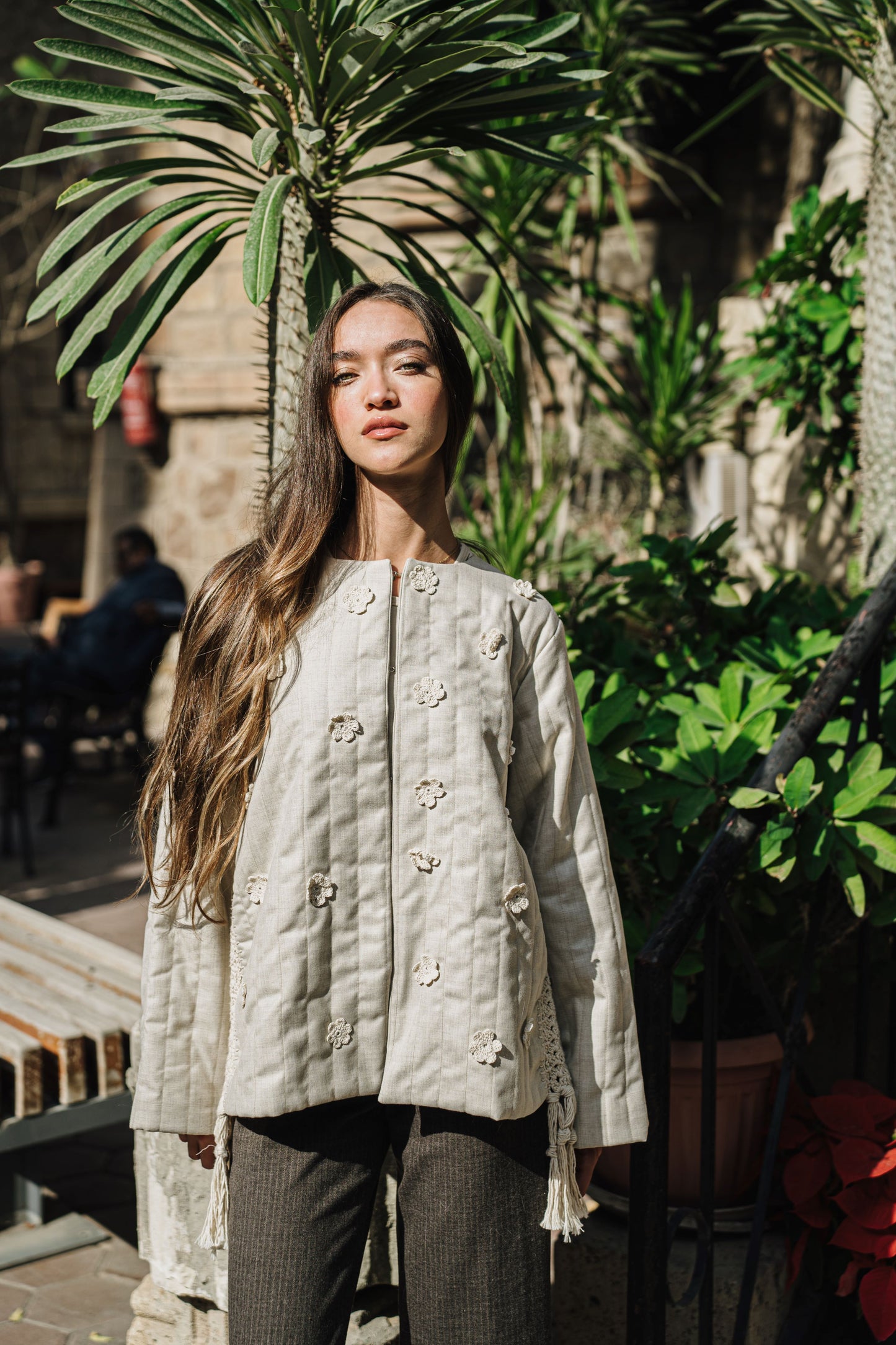 Beige Padded Crochet Flower Jacket