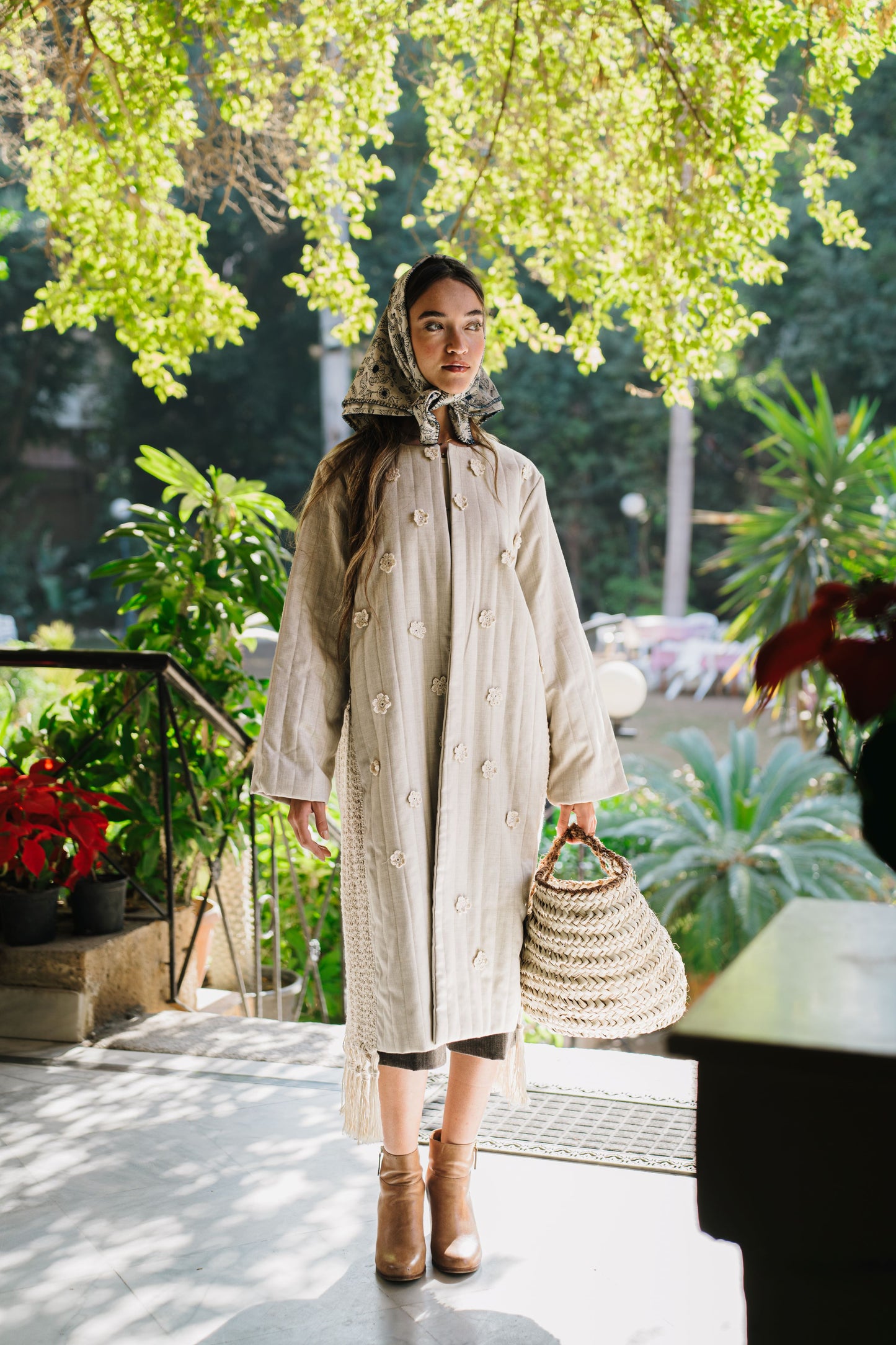 Padded Beige Crochet Flower Coat
