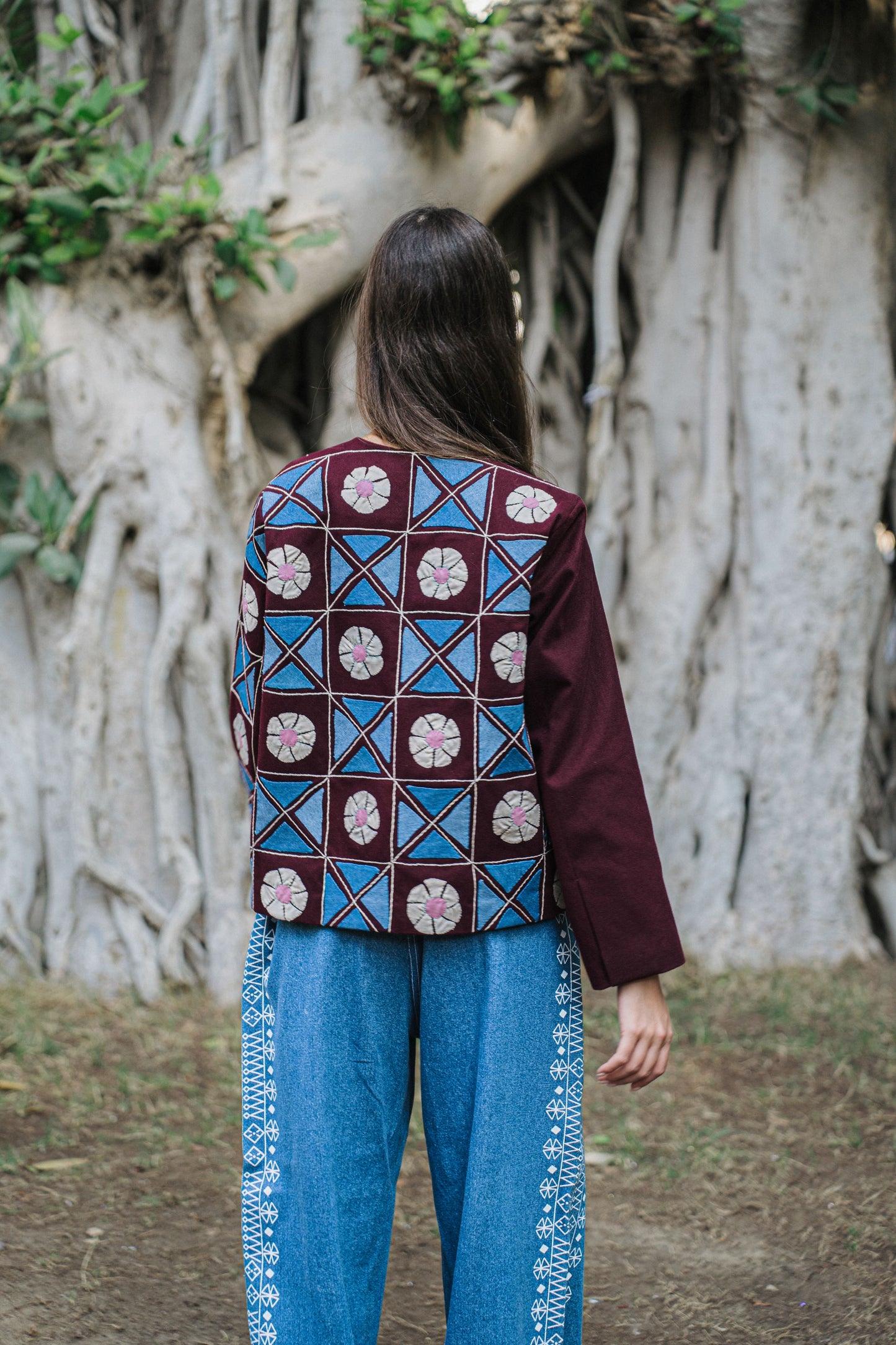 Folk Inspired Burgundy Jacket - Flower Patch Work