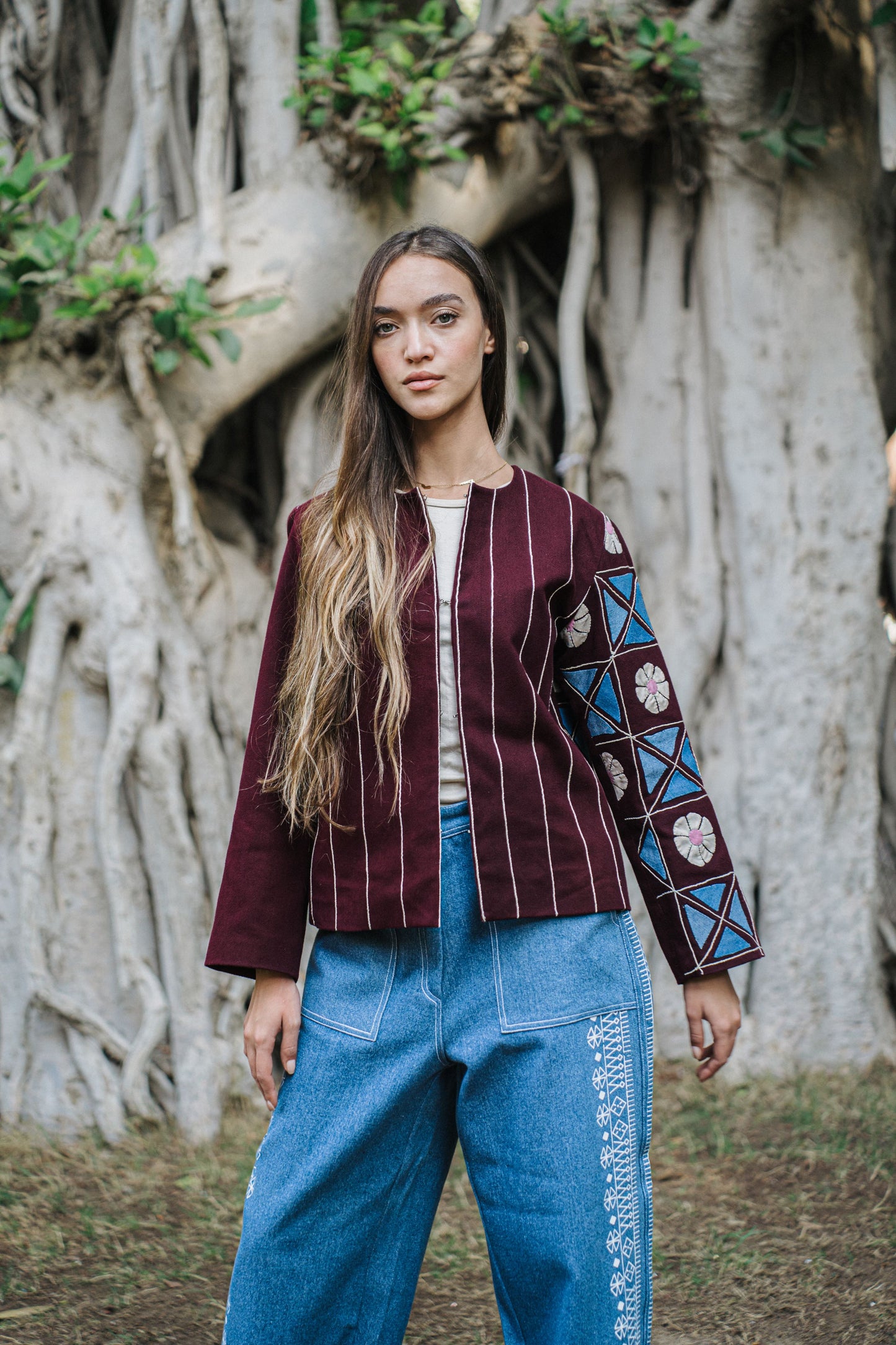 Folk Inspired Burgundy Jacket - Flower Patch Work