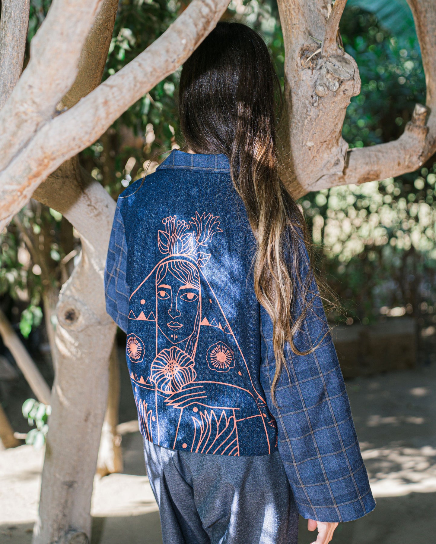 Blue Plaid Wool Jacket- Bedouin Lady Print