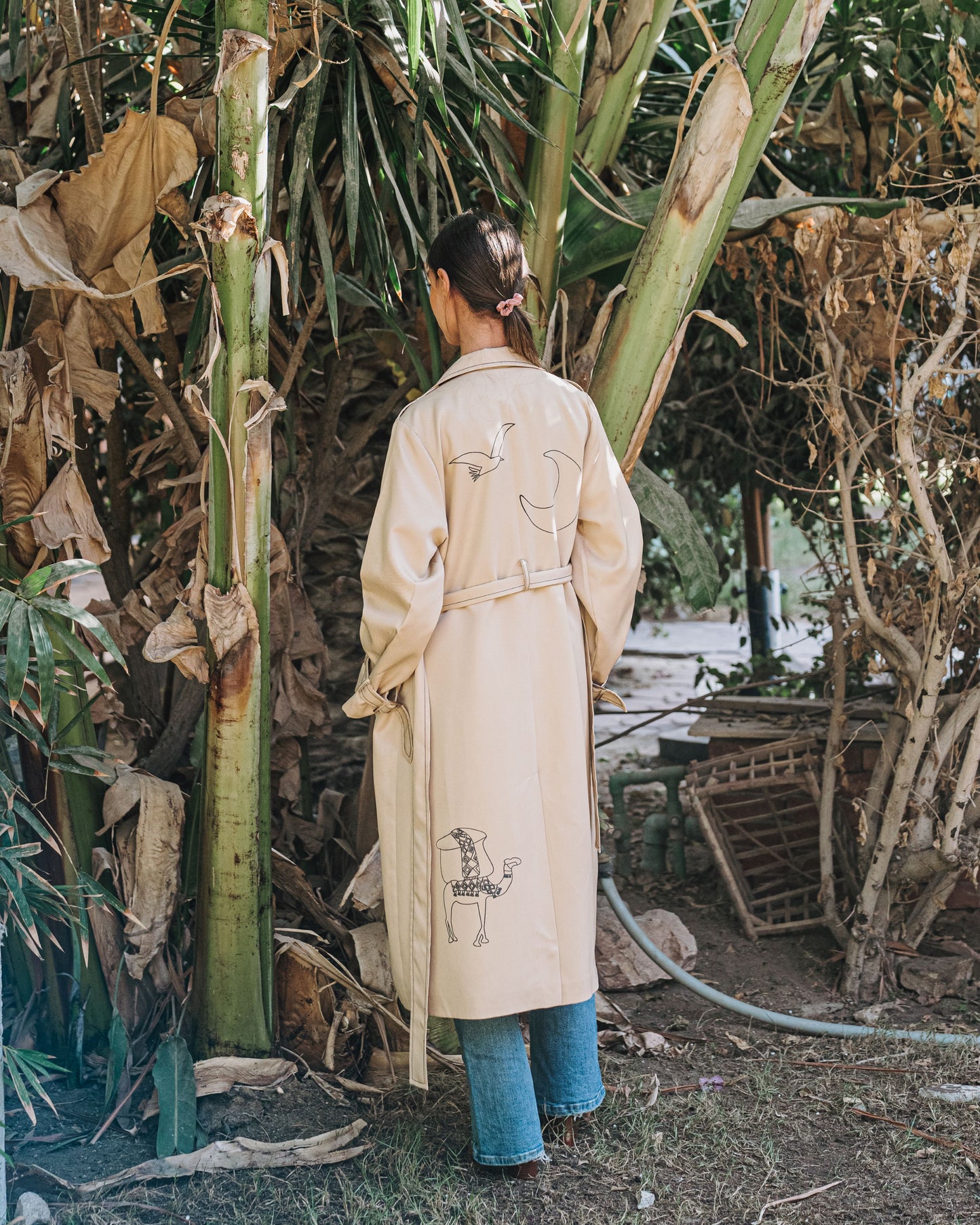 The Town Beige Trench Coat - Dark Grey Town Silk Screen Print