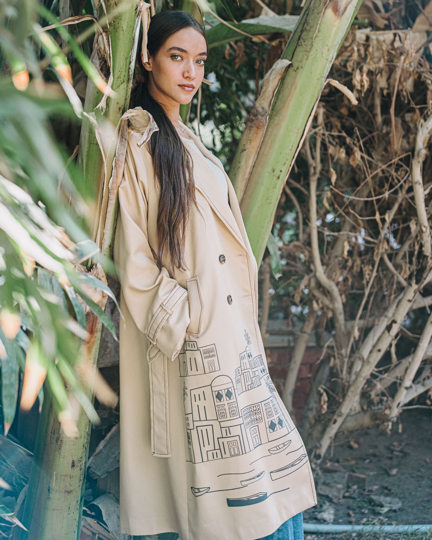 The Town Beige Trench Coat - Dark Grey Town Silk Screen Print