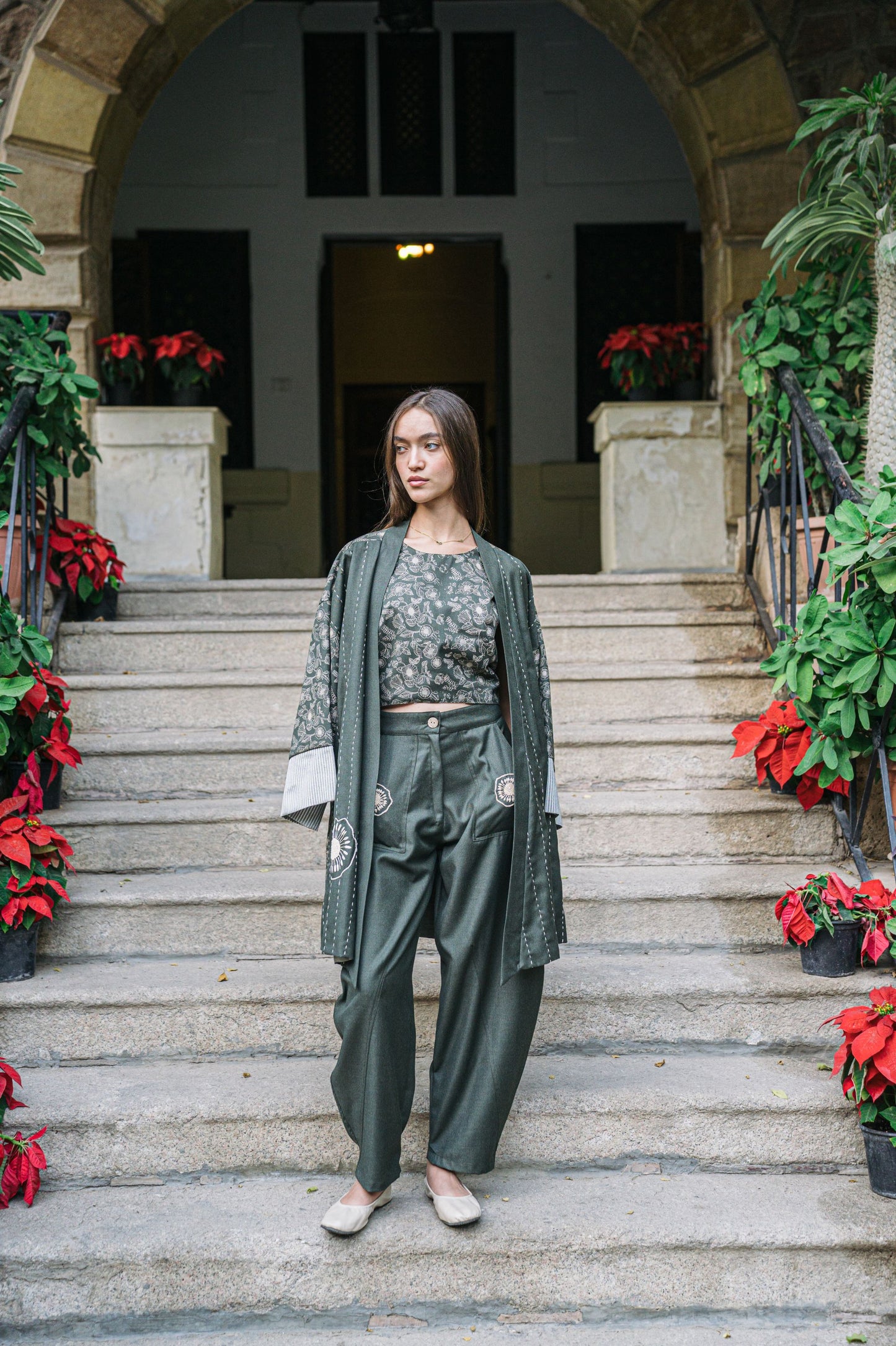Flower Garden Embroidered Olive Kimono