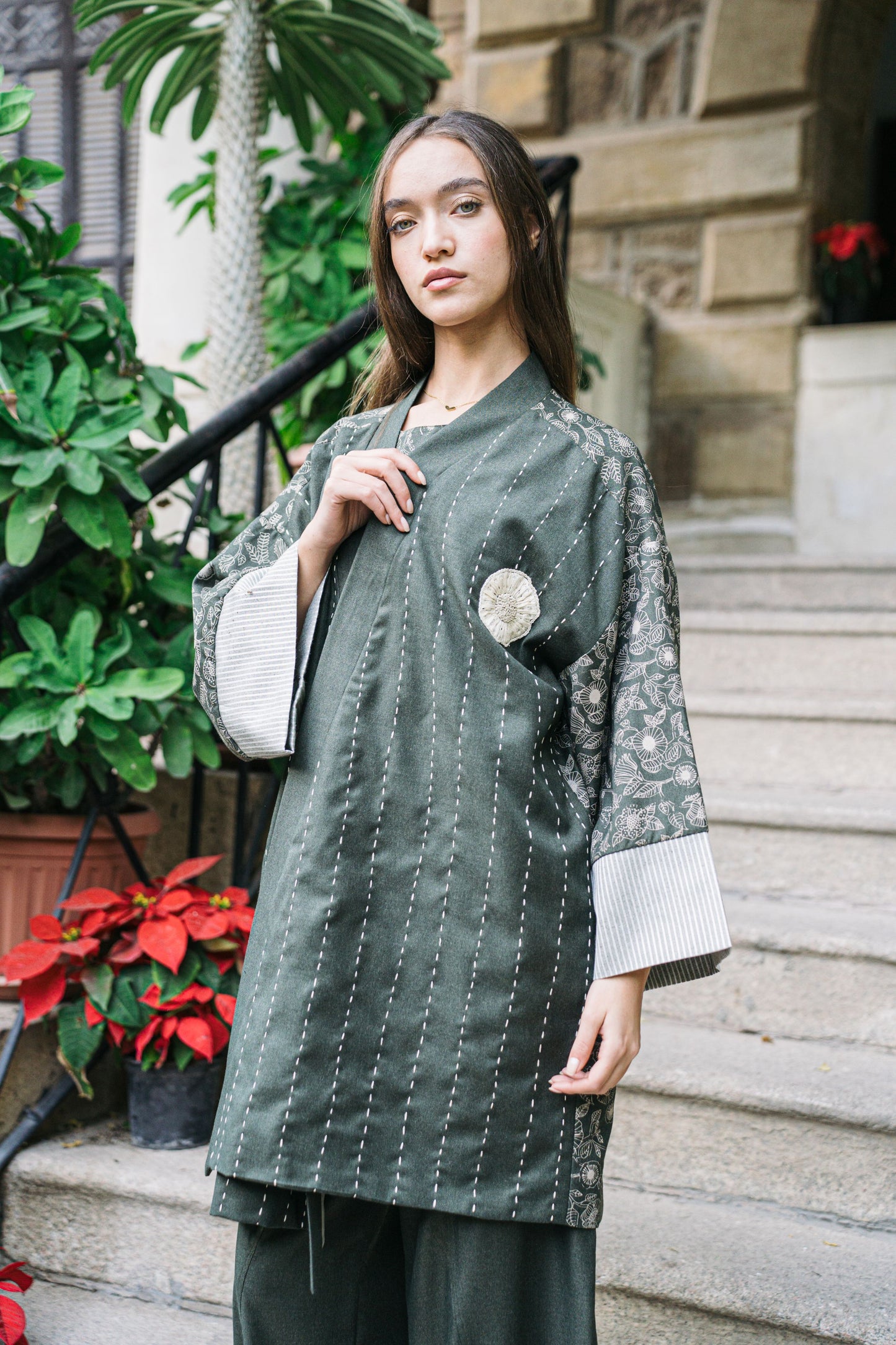 Flower Garden Embroidered Olive Kimono