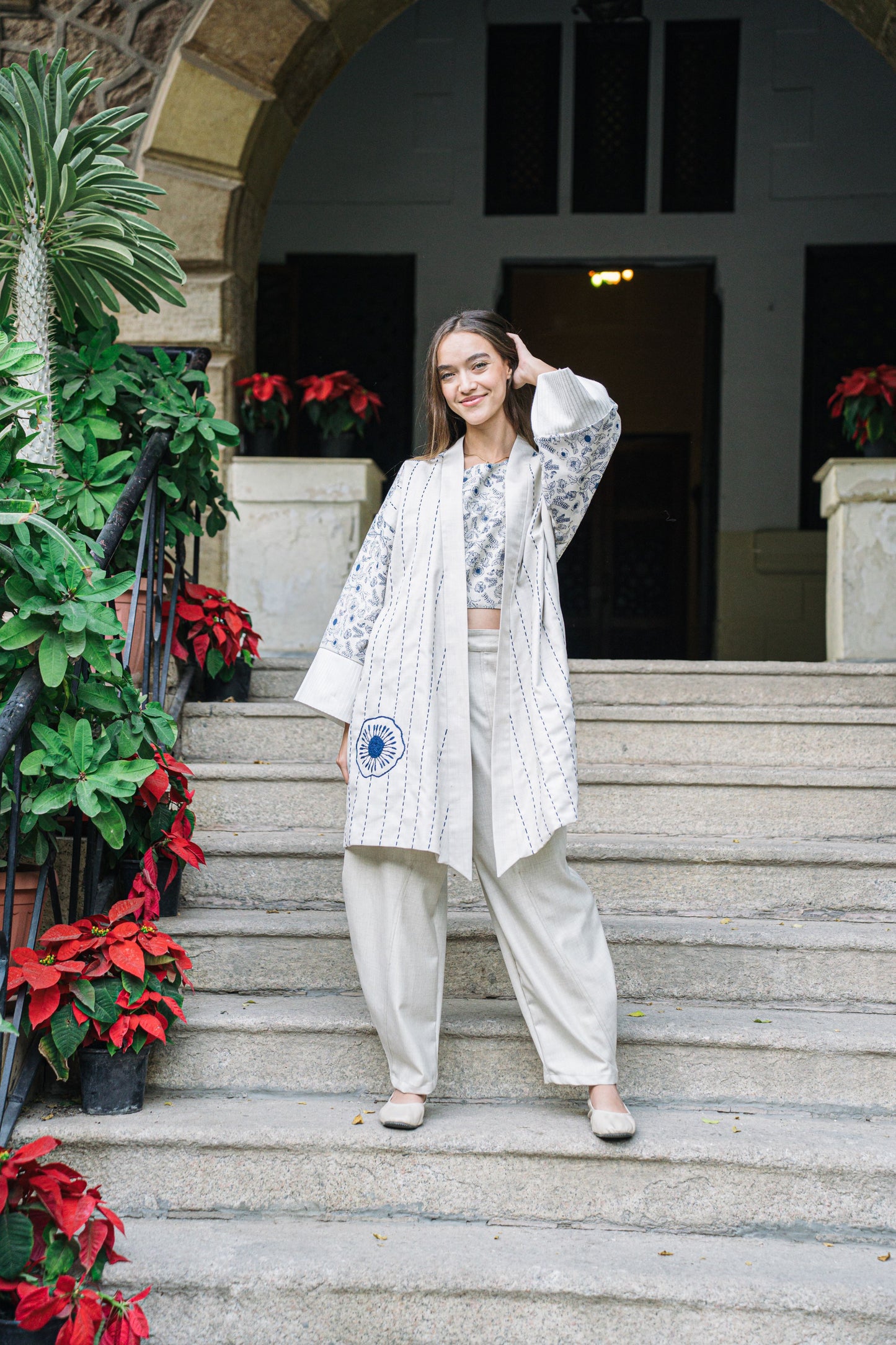 Flower Garden Embroidered Beige Kimono