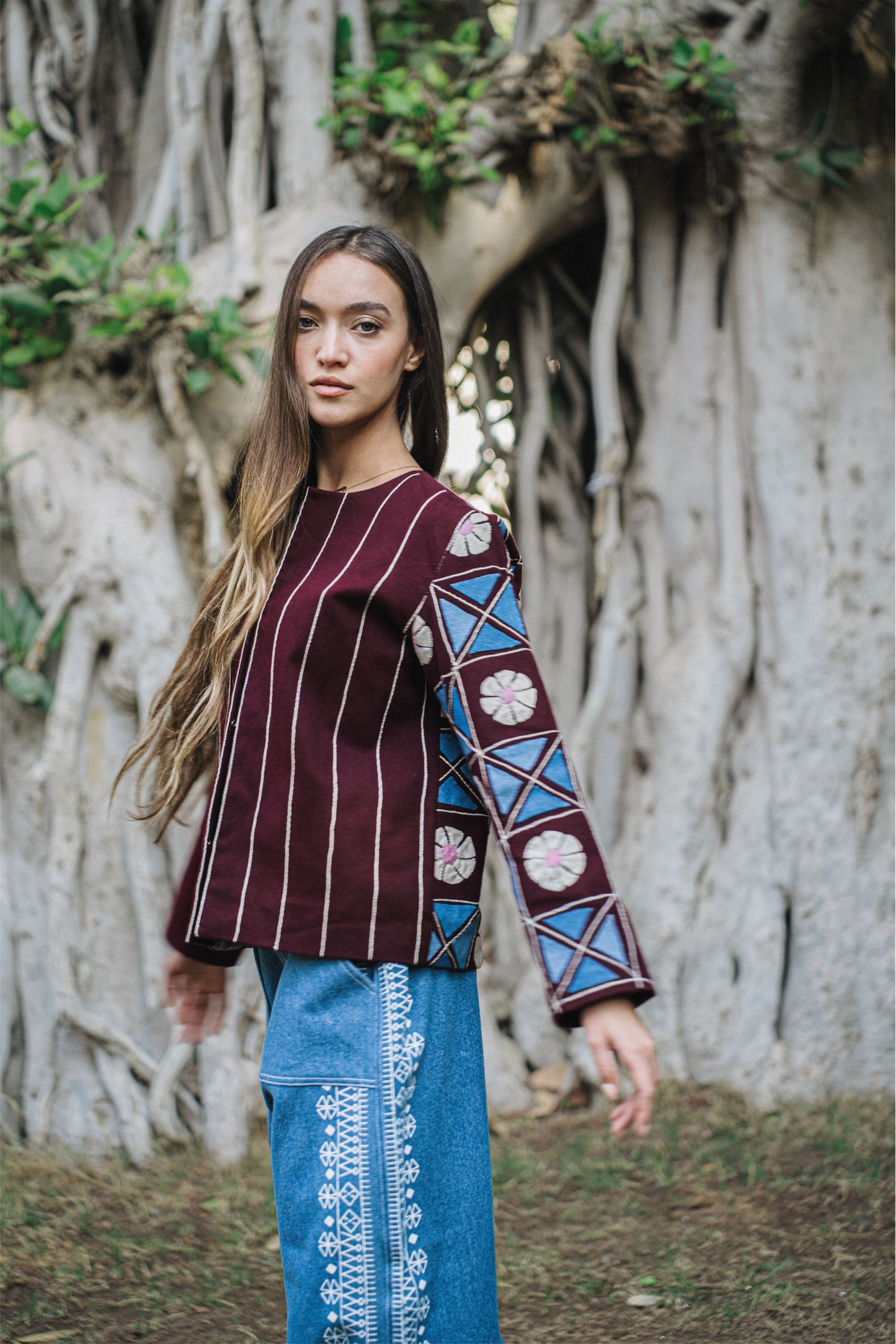 Folk Inspired Burgundy Jacket - Flower Patch Work