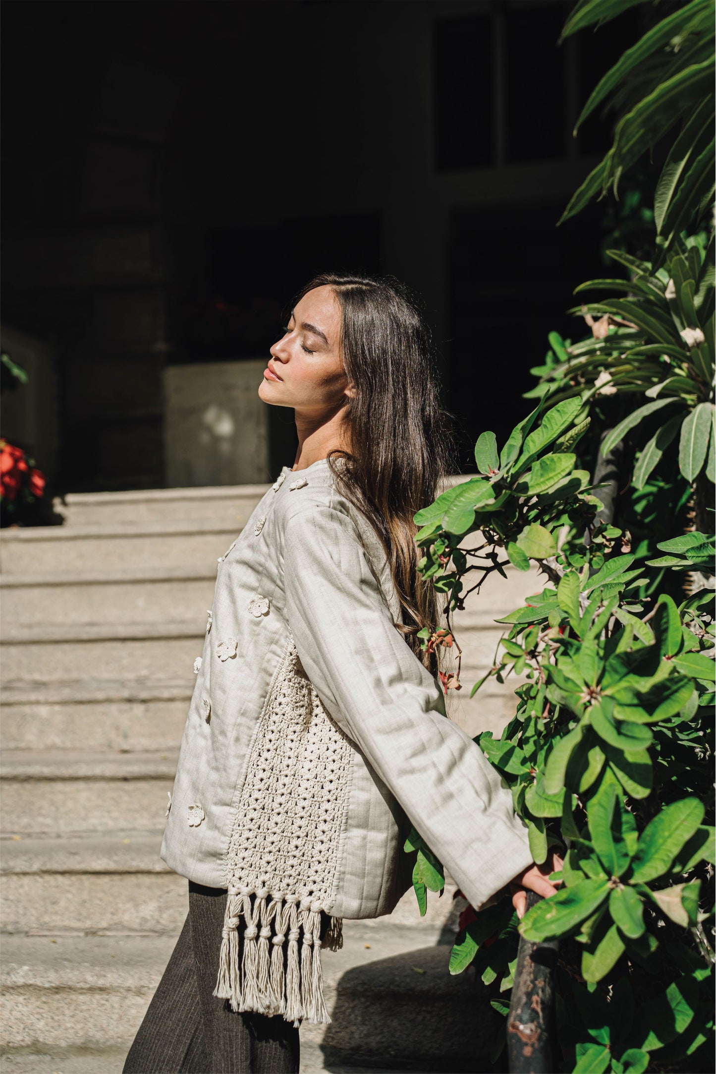 Beige Padded Crochet Flower Jacket