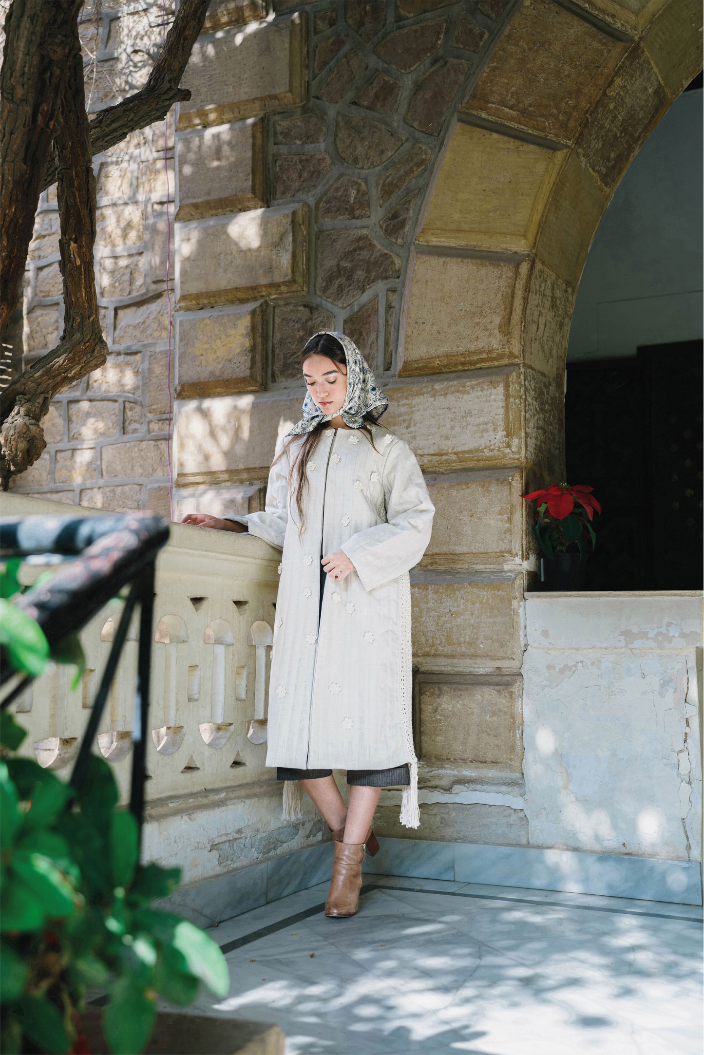 Padded Beige Crochet Flower Coat