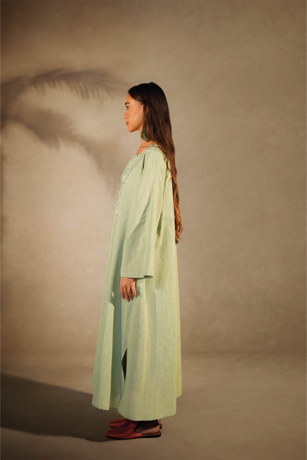 Pistachio Linen Embroidered Galabeya