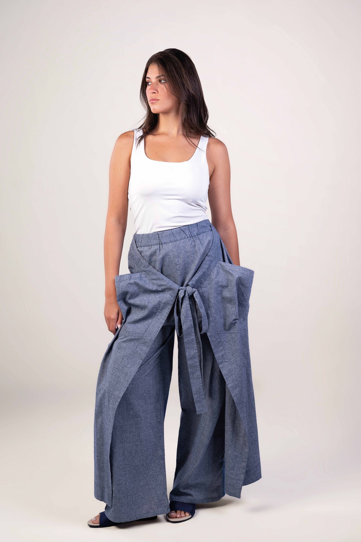 Wide Leg - Tie Front Blue Pants