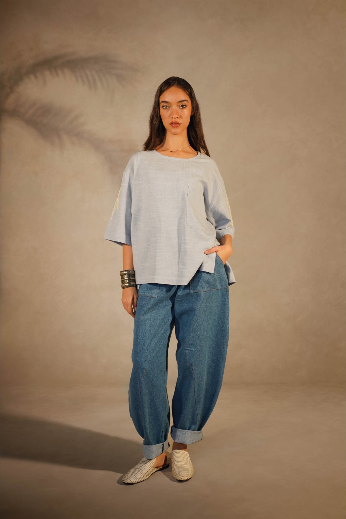 Linen Embroidered T-Shirt Baby Blue