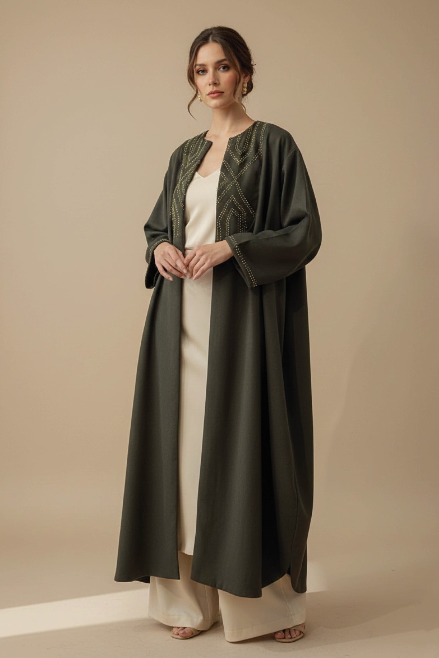 Basket Pattern Long Embroidered Coat - Olive