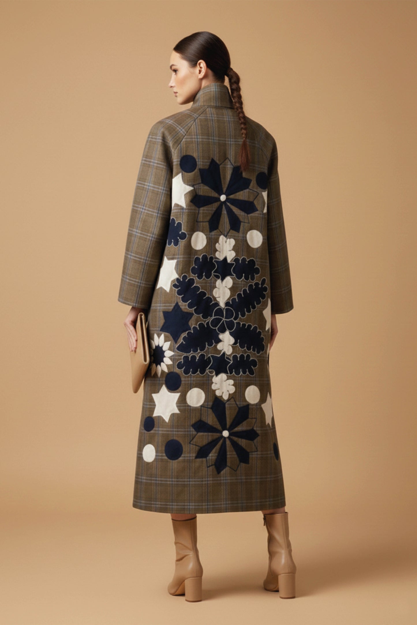 Floral Back Patch Coat- Checkerd Brown