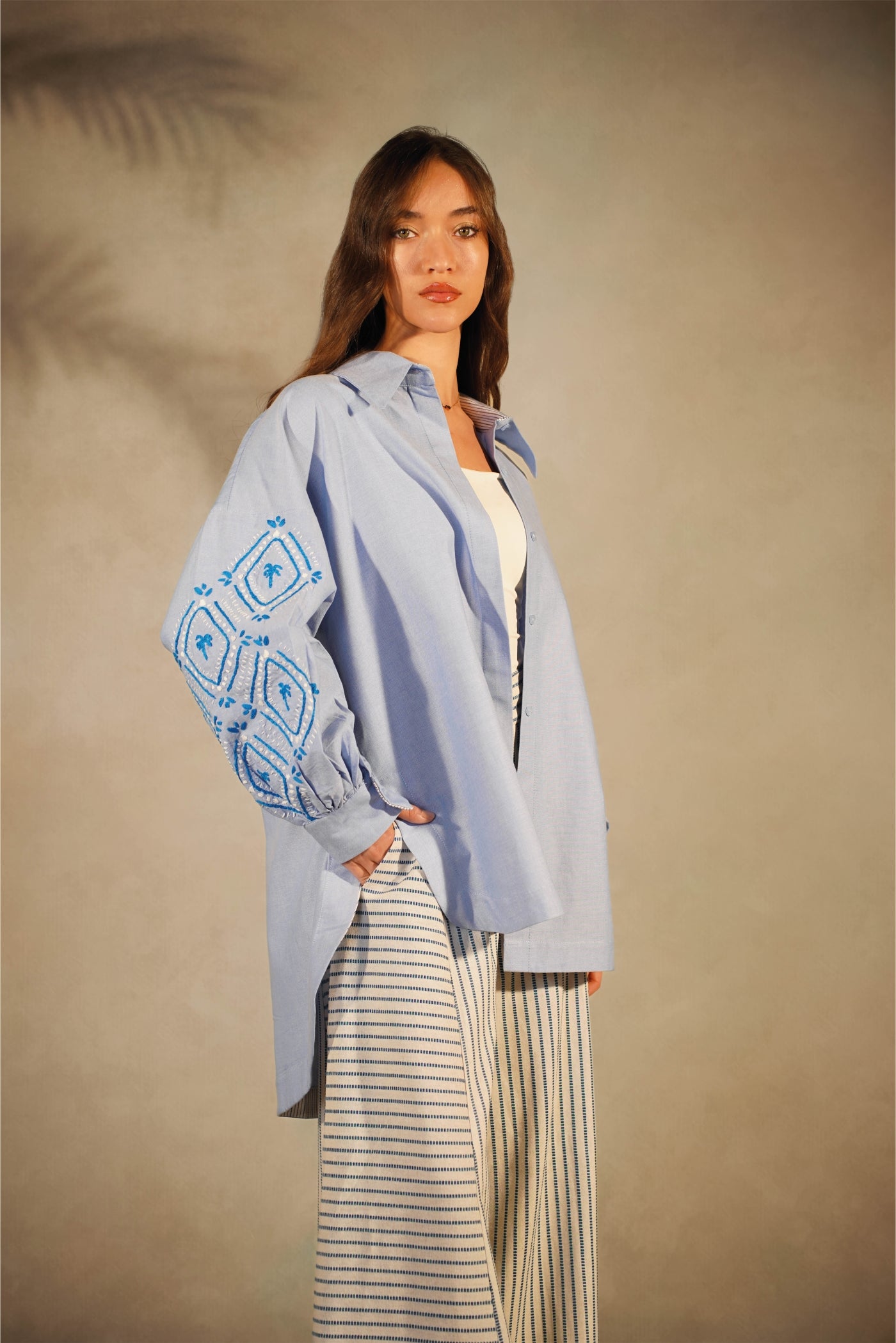 Blue Palma Shirt- Embroidered Sleeves