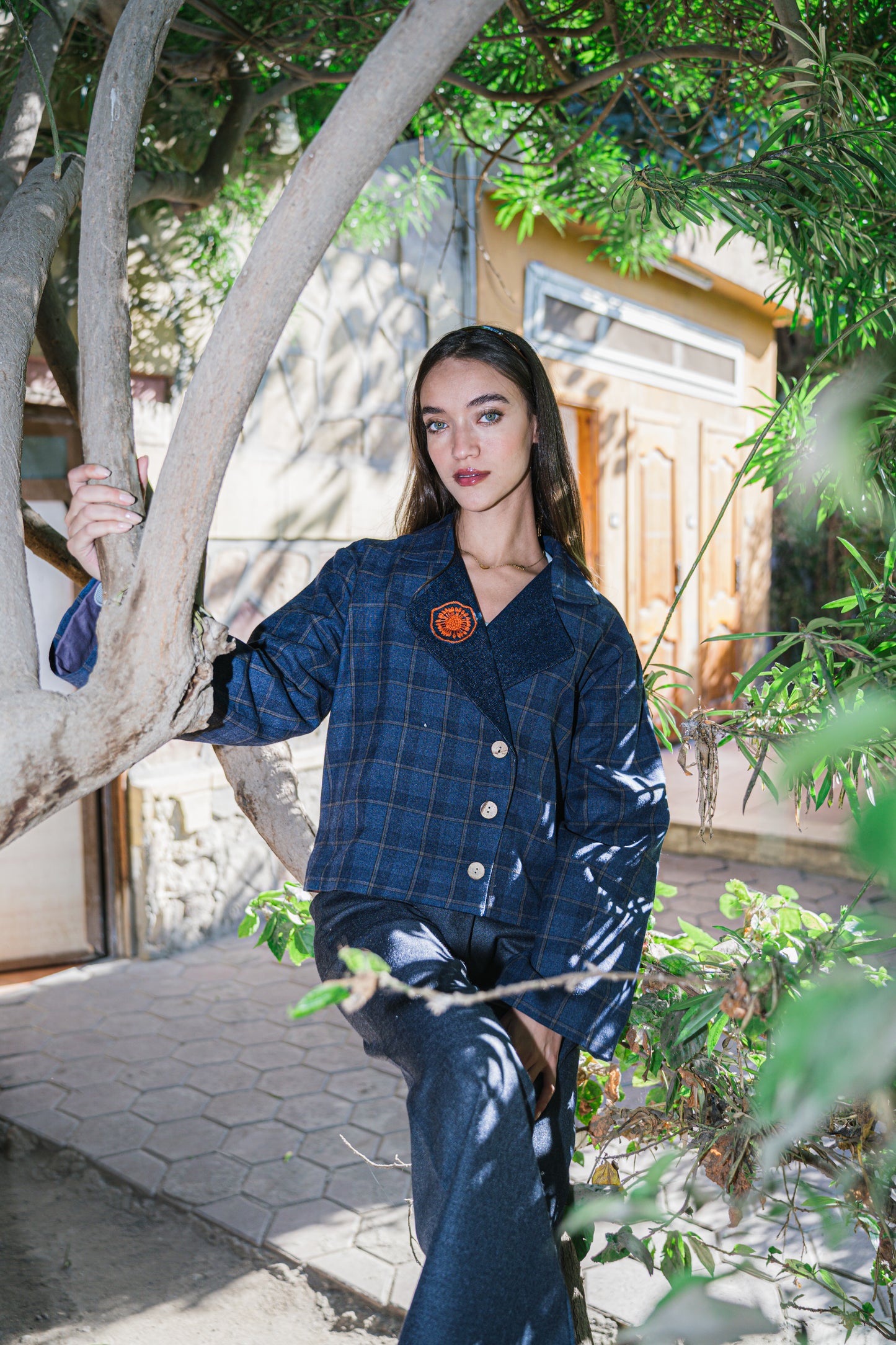Blue Plaid Wool Jacket- Bedouin Lady Print