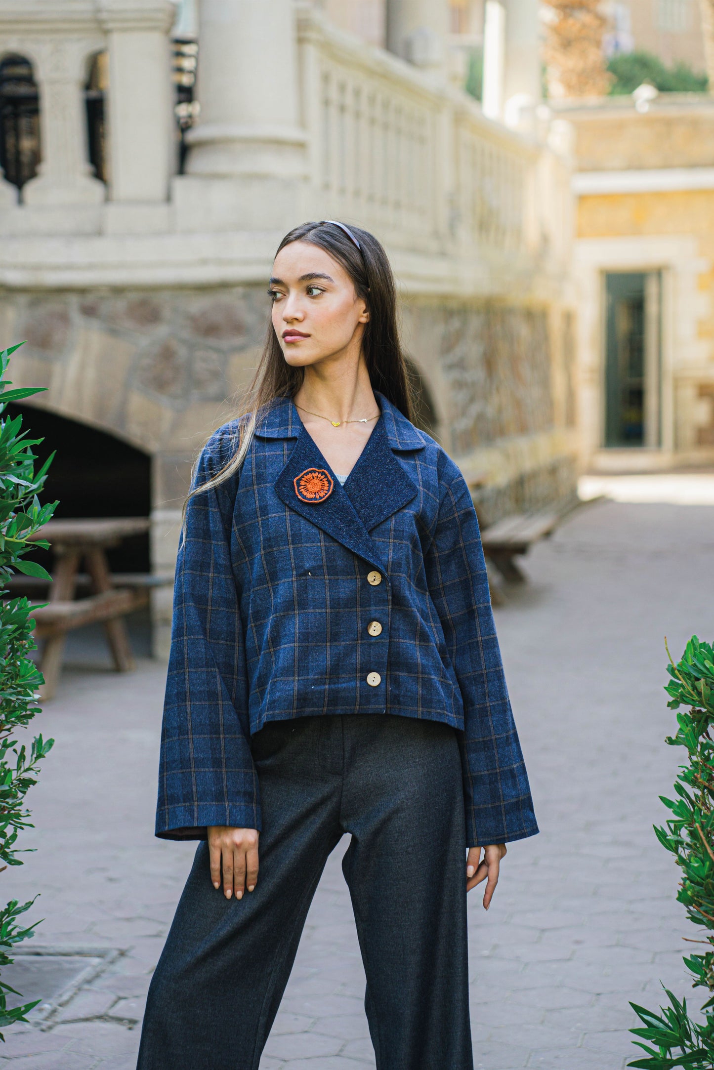 Blue Plaid Wool Jacket- Bedouin Lady Print