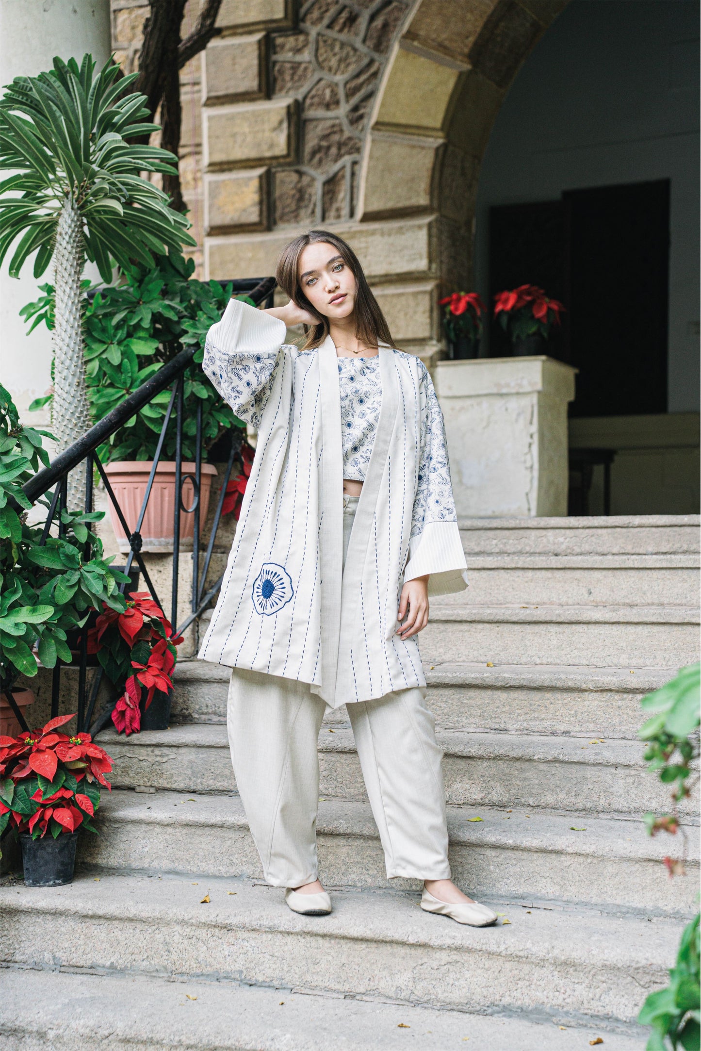 Flower Garden Embroidered Beige Kimono