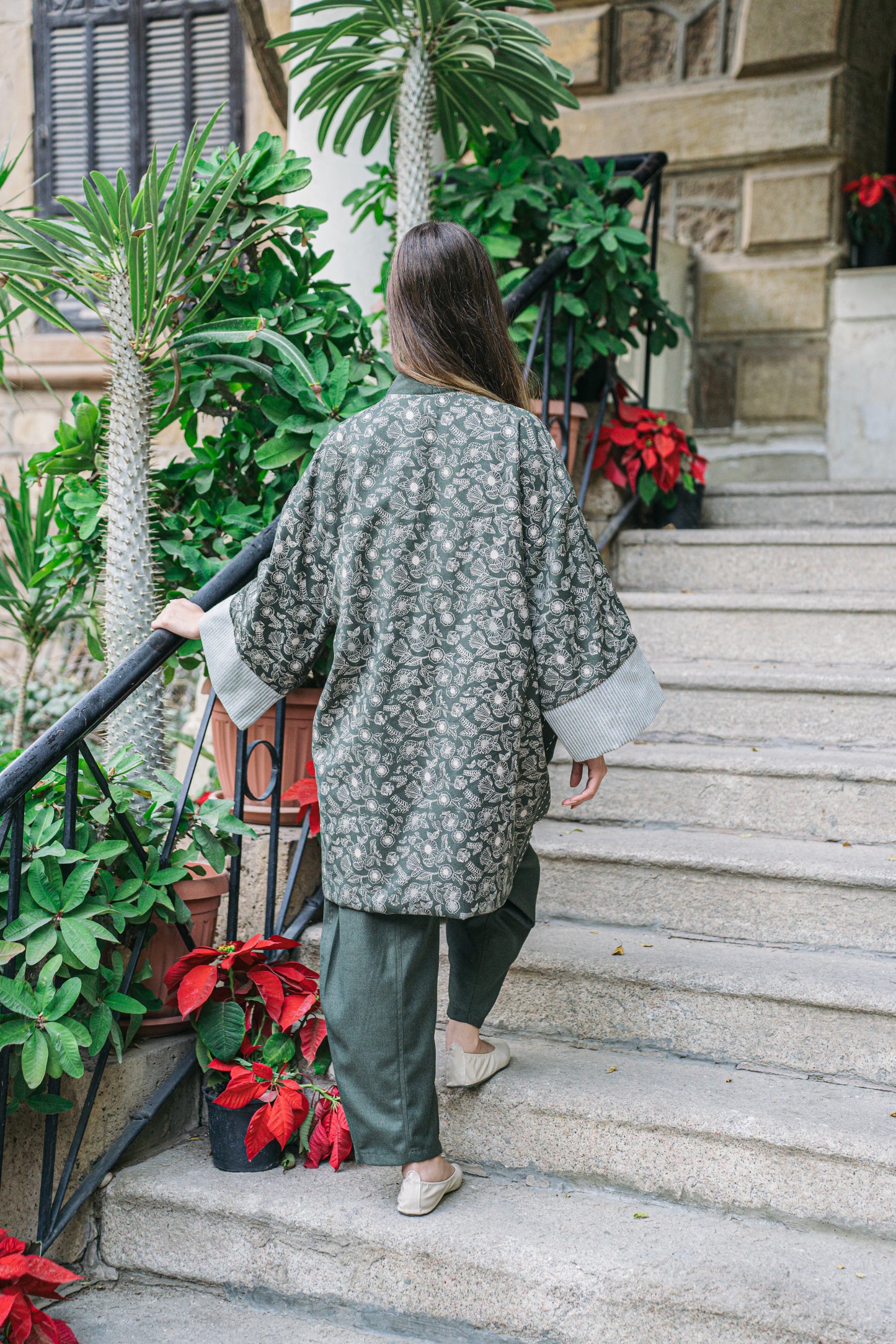 Flower Garden Embroidered Olive Kimono