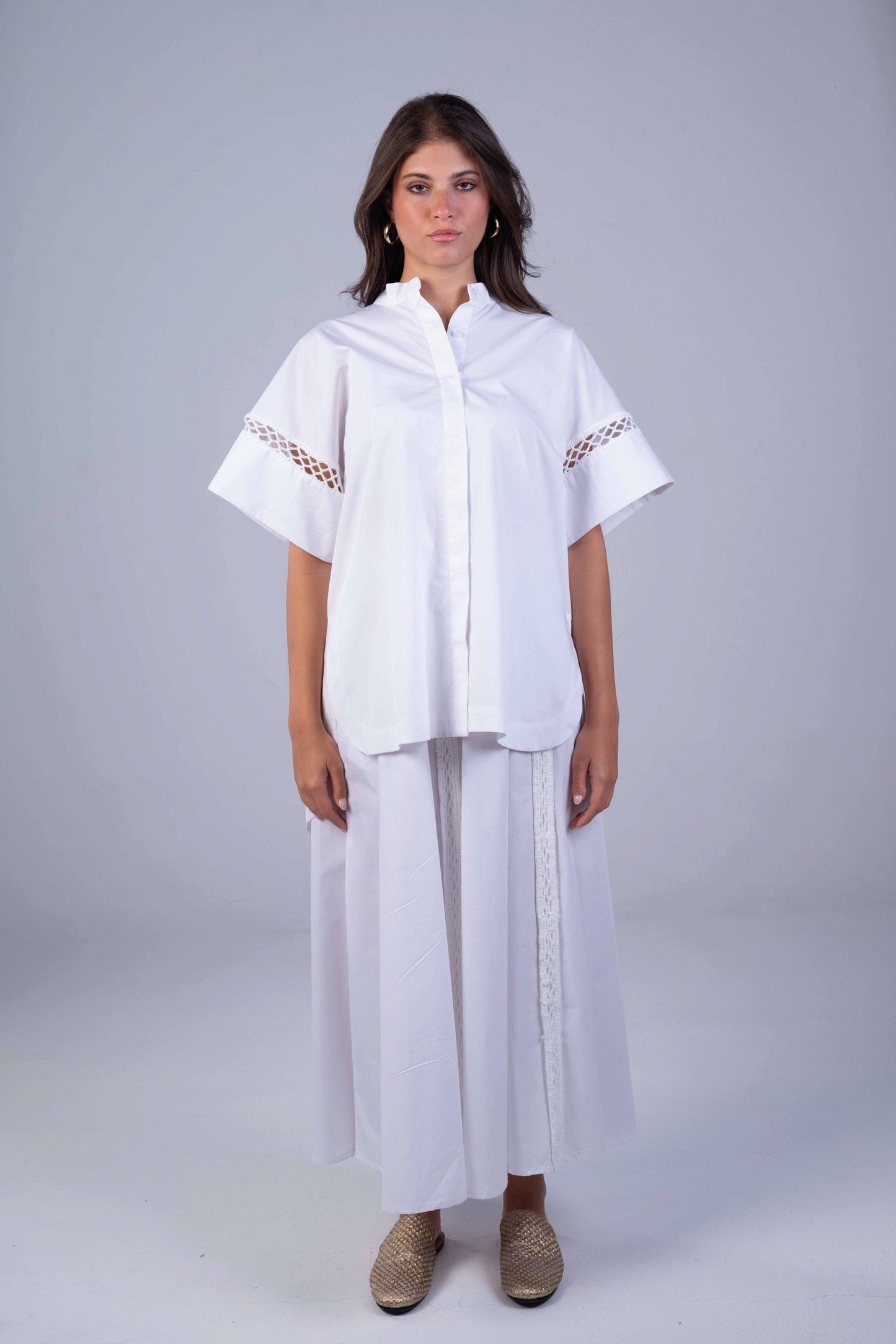 White Crochet Half Sleeve Shirt