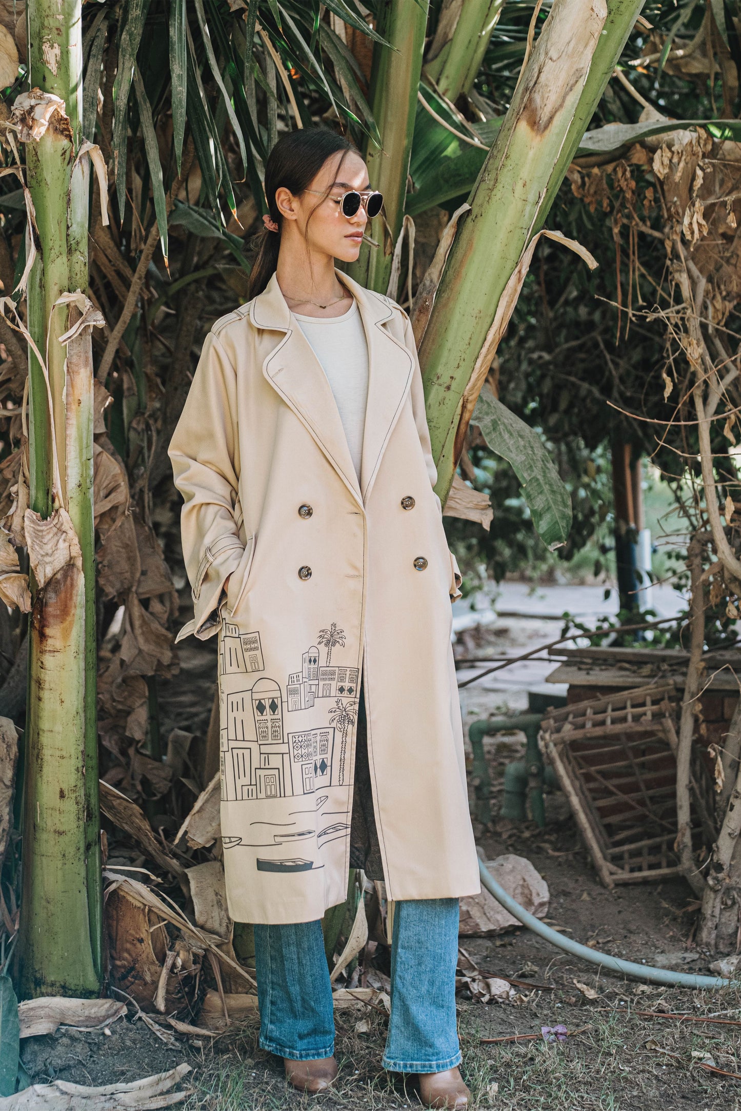 The Town Beige Trench Coat - Dark Grey Town Silk Screen Print