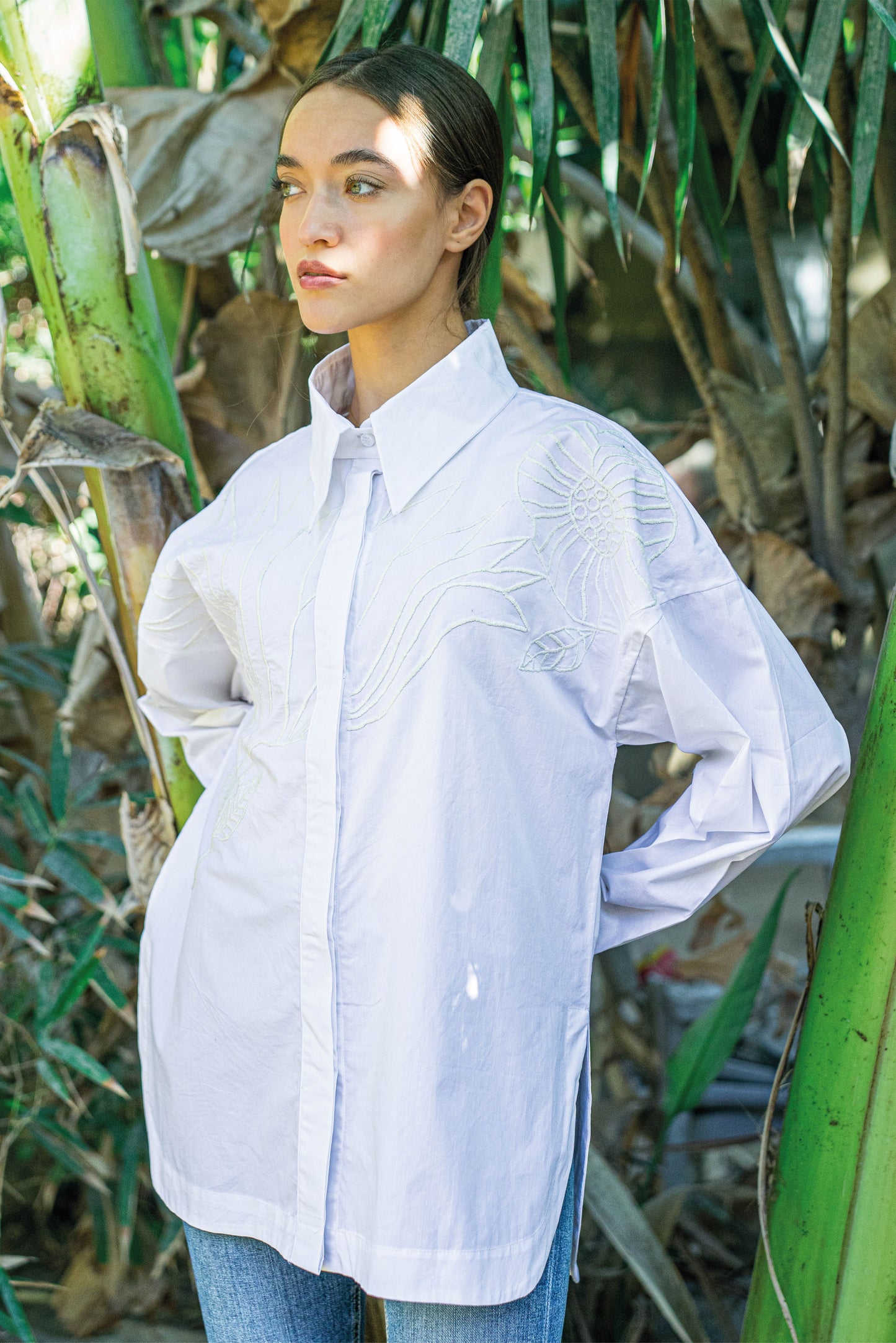 Mega Flower White Hand Embroidered Shirt