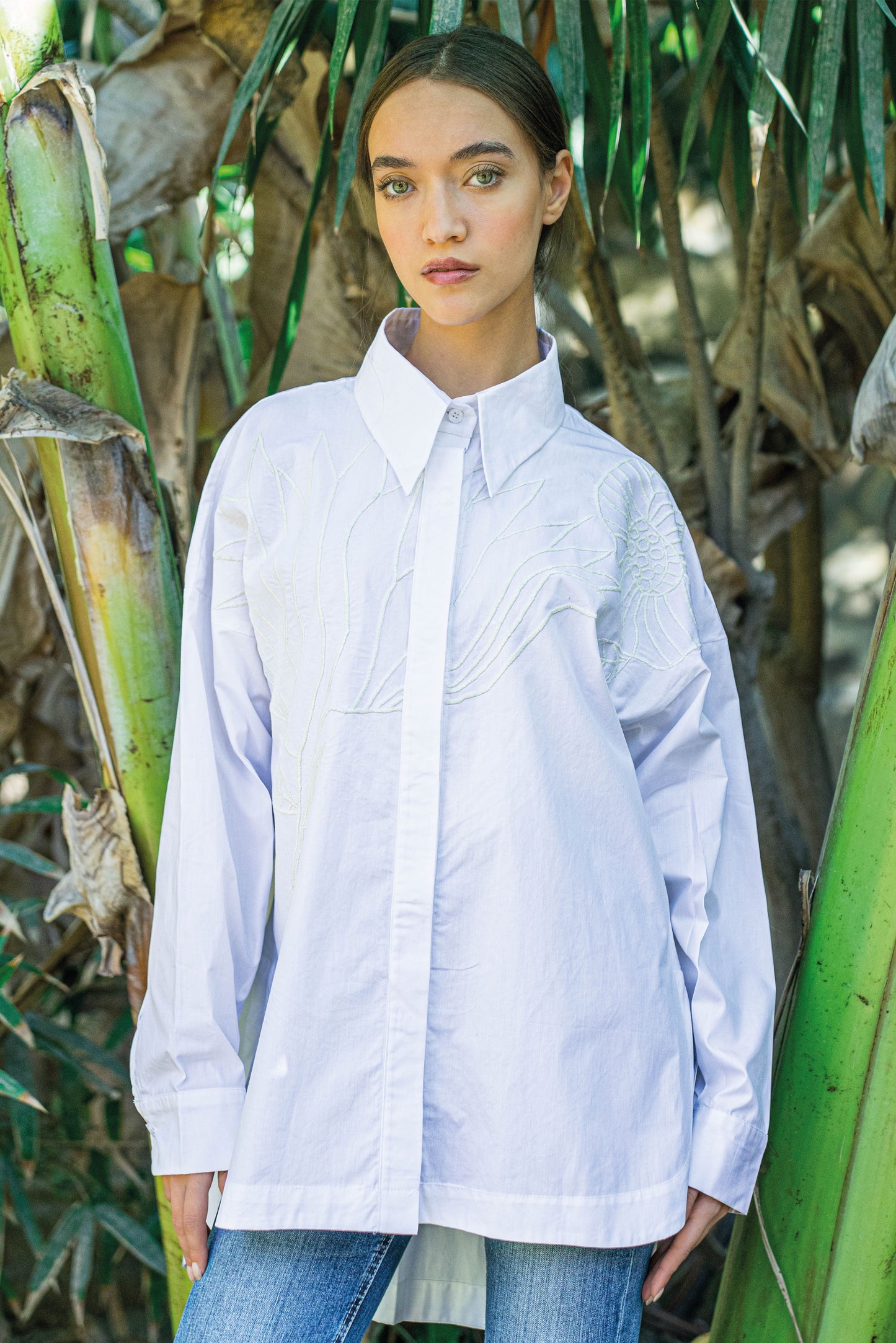 Mega Flower White Hand Embroidered Shirt