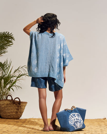 BLUE LINEN SHAWL COVERUP - SHELLS PRINT