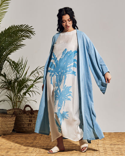 SLEEVELESS WHITE VOILE DRESS - BLUE PALM TREE PRINT