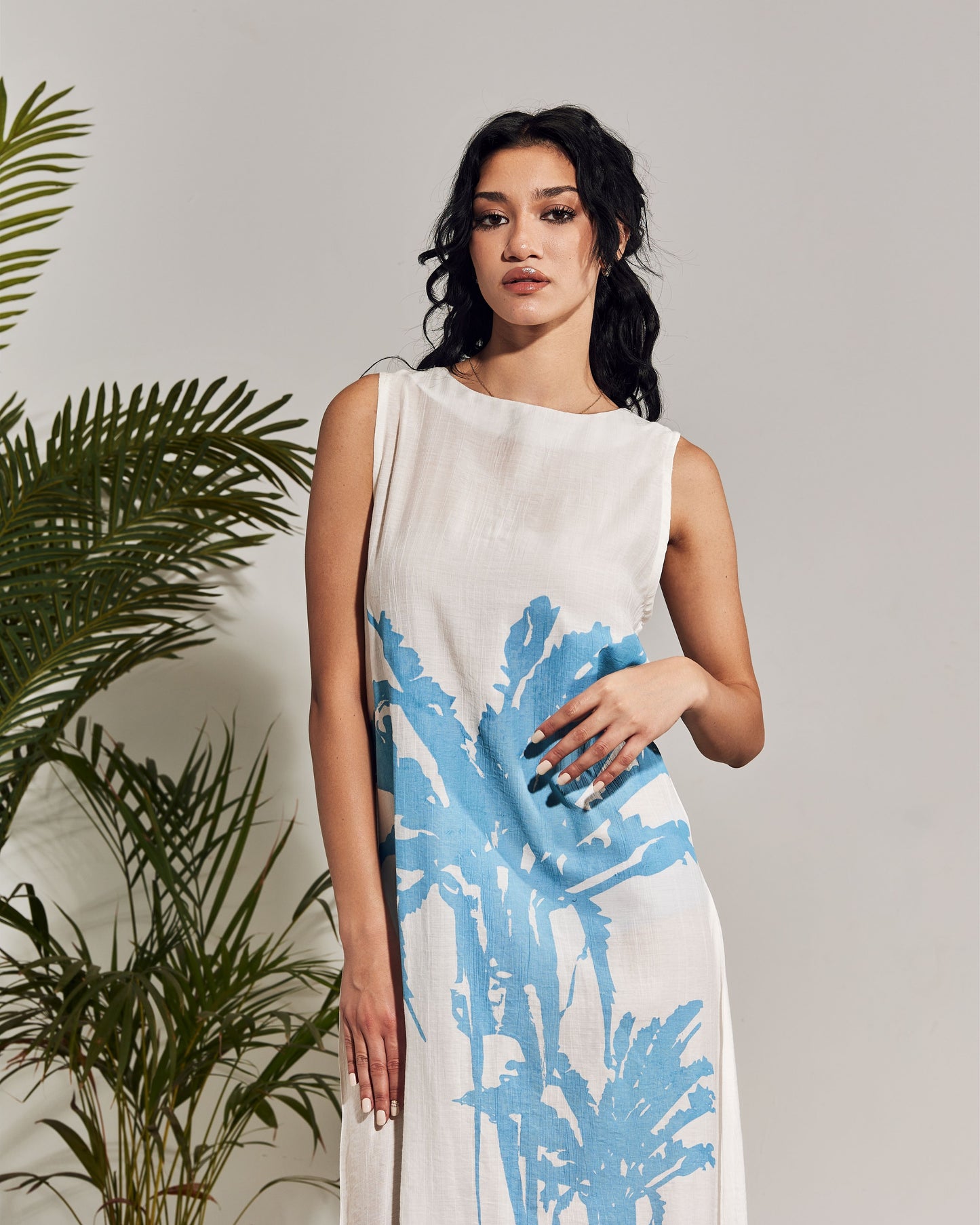 SLEEVELESS WHITE VOILE DRESS - BLUE PALM TREE PRINT