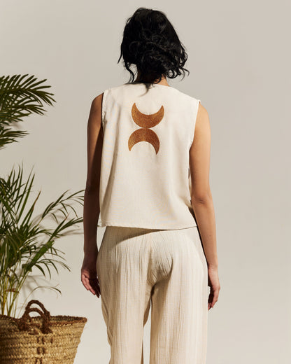 SLEEVELESS LINEN BEIGE VEST- BRICK CRESCENT EMBROIDERY