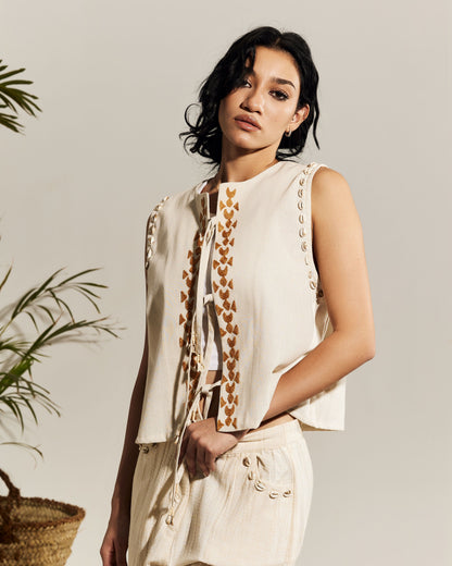 SLEEVELESS LINEN BEIGE VEST- BRICK CRESCENT EMBROIDERY