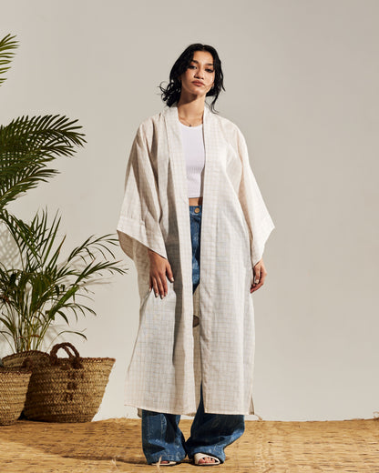 LONG PLAID LINEN KIMONO - BEIGE LOBSTER PATTERN