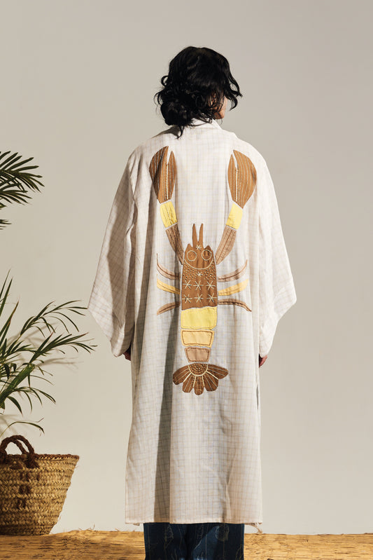 LONG PLAID LINEN KIMONO - BEIGE LOBSTER PATTERN