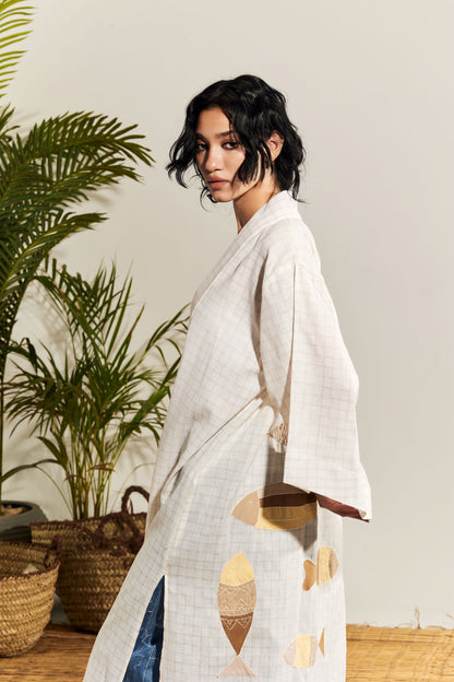 LONG PLAID FISH KIMONO