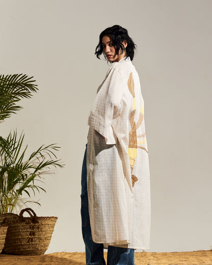 LONG PLAID LINEN KIMONO - BEIGE LOBSTER PATTERN