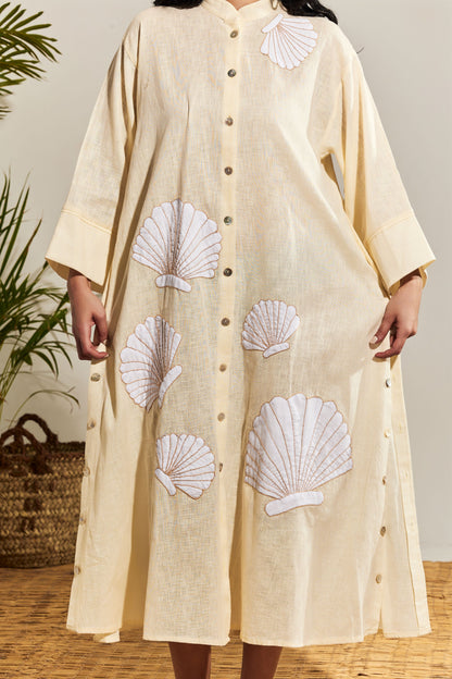 YELLOW LINEN SHIRT DRESS - SHELLS PATTERN