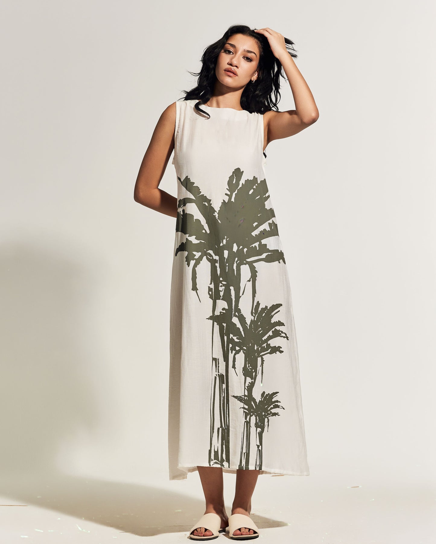 SLEEVELESS WHITE VOILE DRESS - GREY PALM TREE PRINT