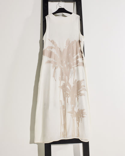 SLEEVELESS WHITE VOILE DRESS - BLUE PALM TREE PRINT