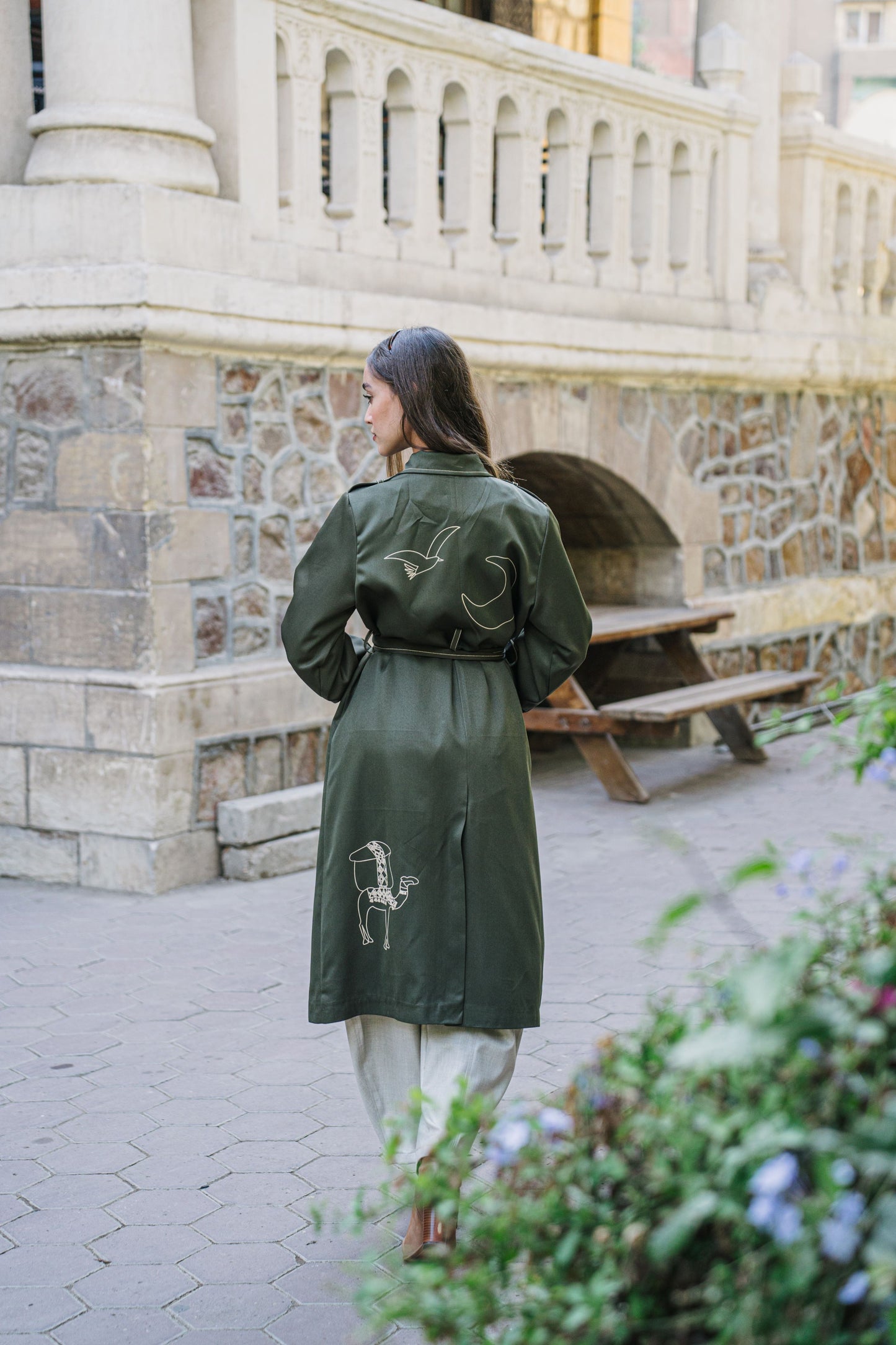 The Town Olive Trench Coat - Beige Town Silk Screen Print